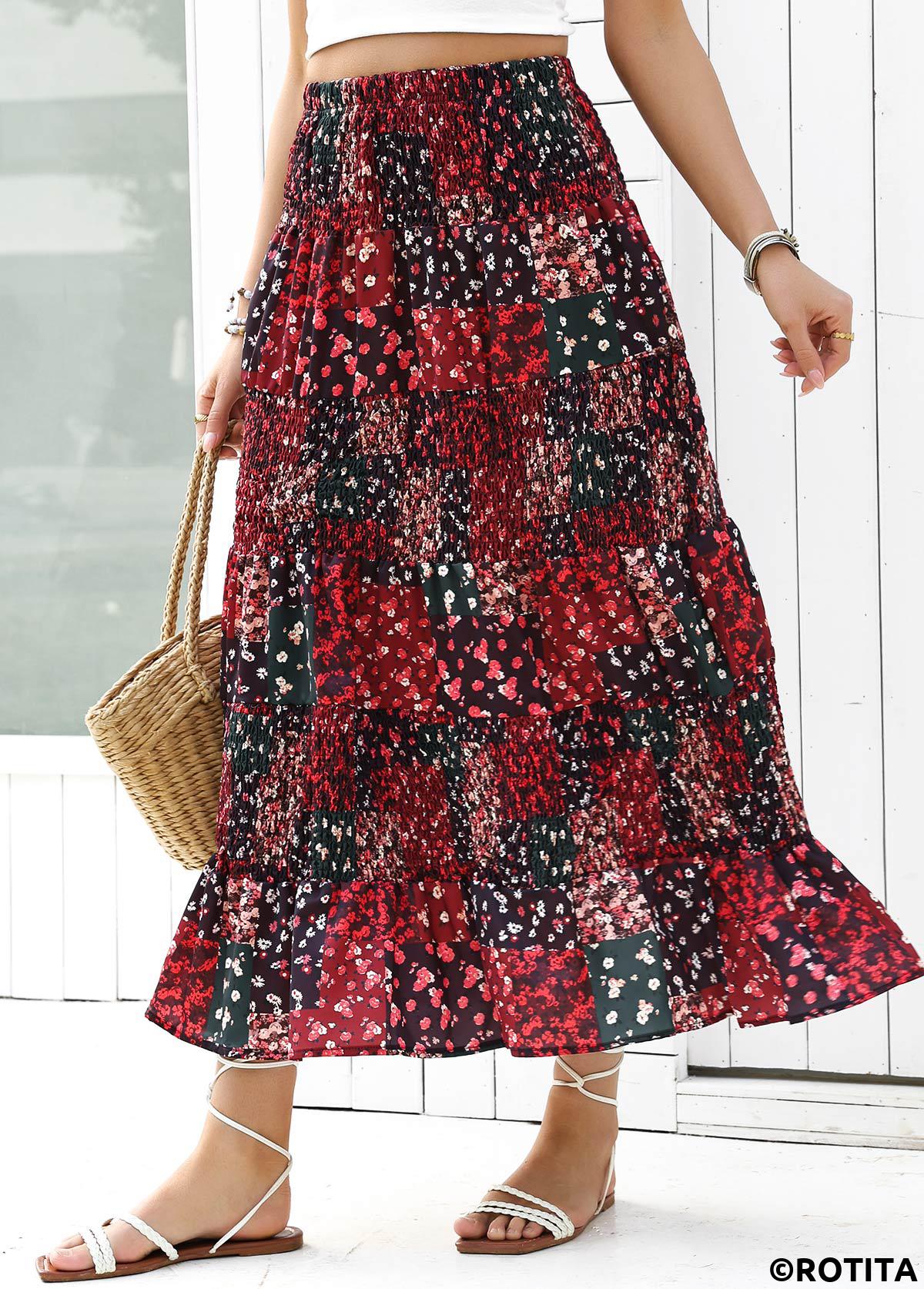 Wine Red bottoms,Ditsy Floral bottoms,Ditsy Floral Print Wine Red Elastic Waist Skirt