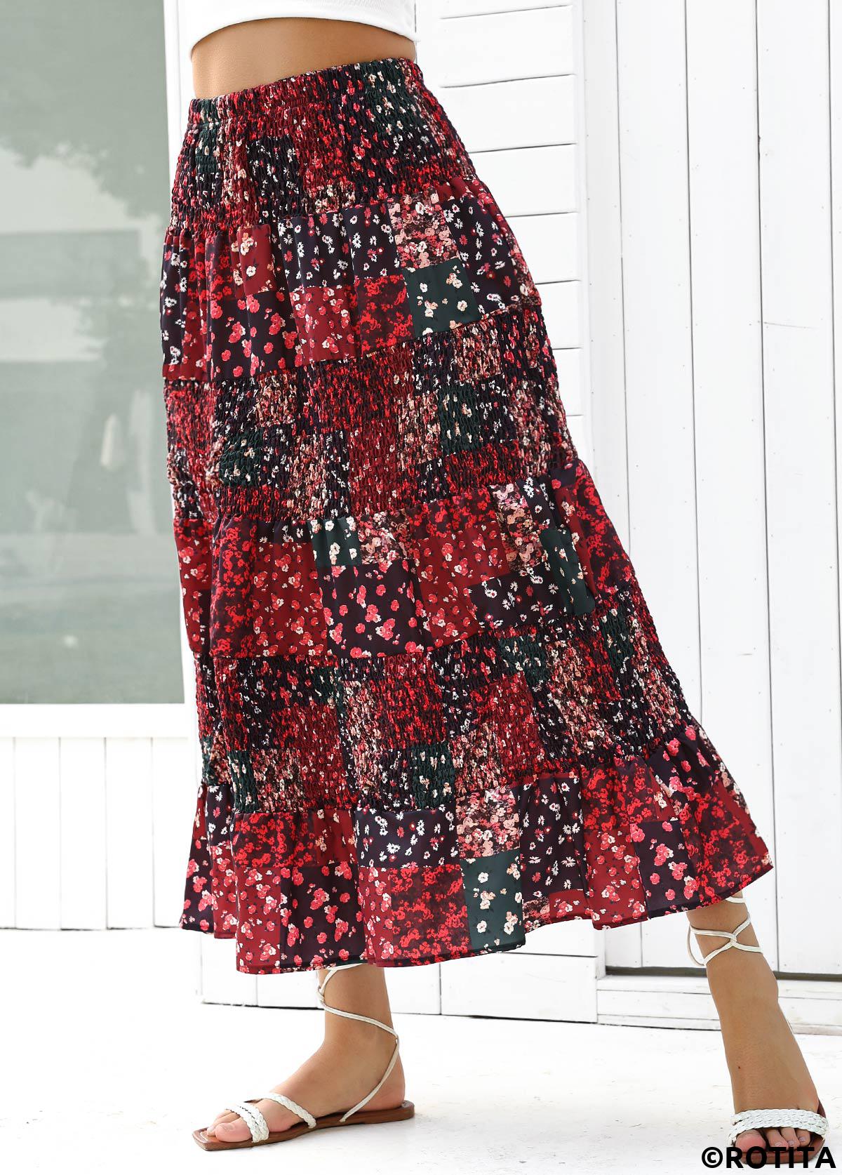Wine Red bottoms,Ditsy Floral bottoms,Ditsy Floral Print Wine Red Elastic Waist Skirt