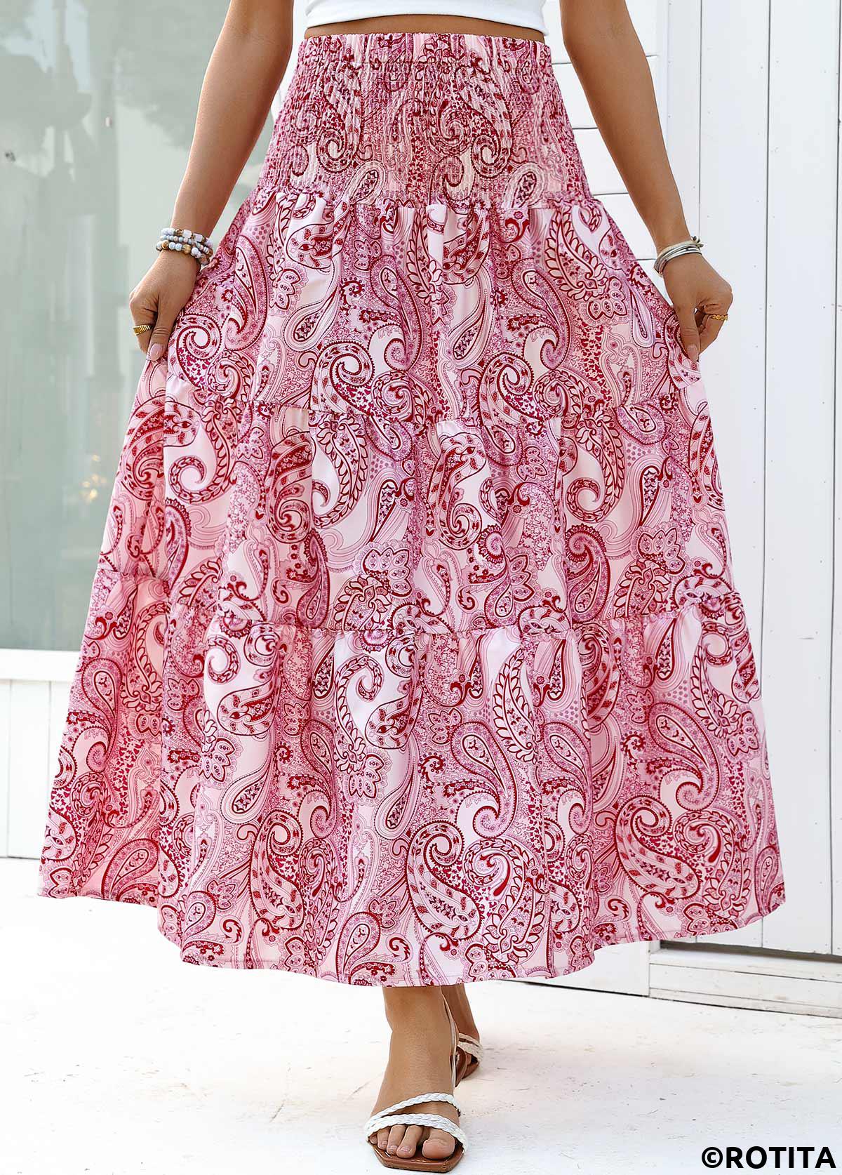 Dark Reddish Purple bottoms,Tribal bottoms,Tribal Print Dark Reddish Purple Maxi Elastic Waist Skirt