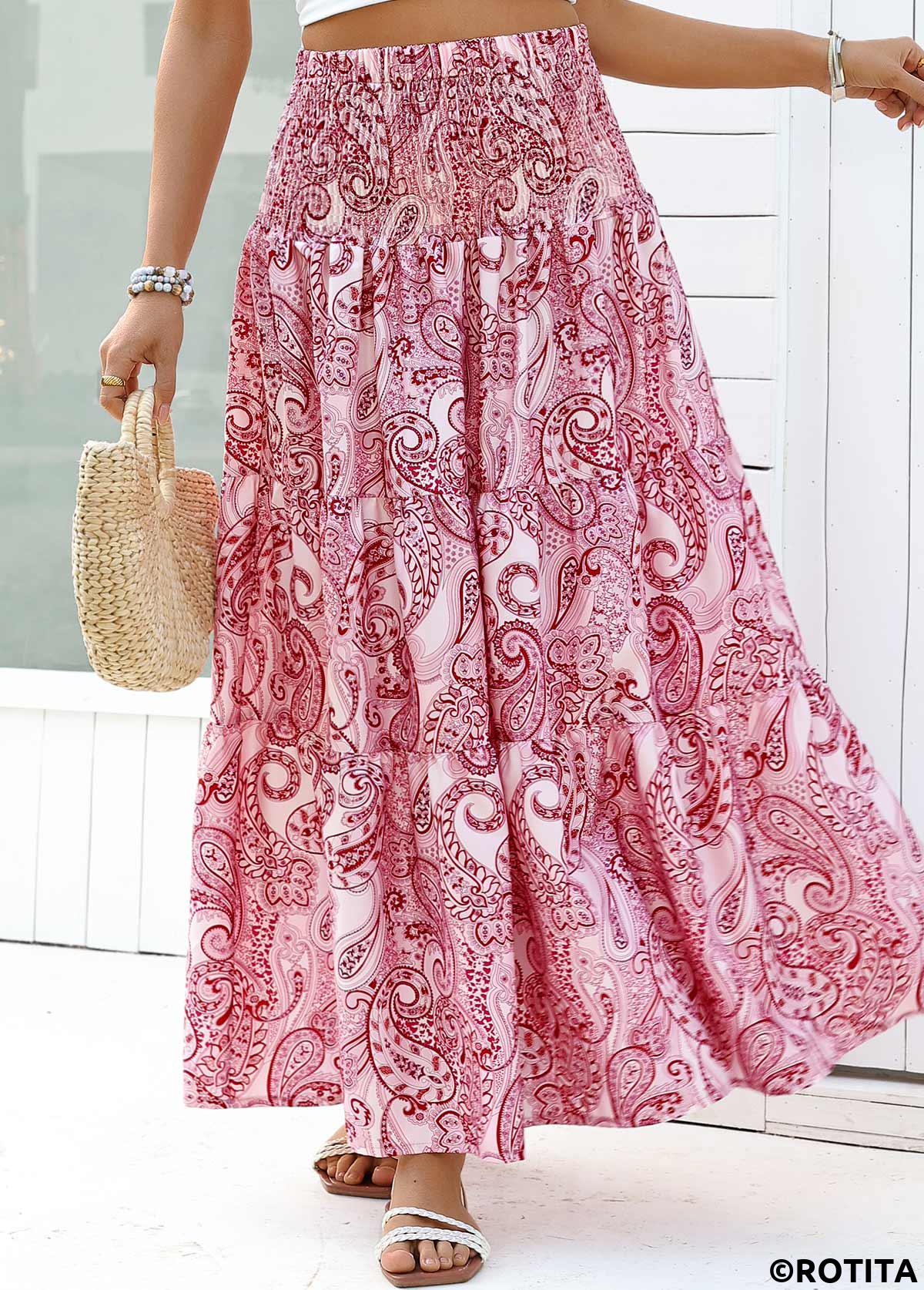 Dark Reddish Purple bottoms,Tribal bottoms,Tribal Print Dark Reddish Purple Maxi Elastic Waist Skirt