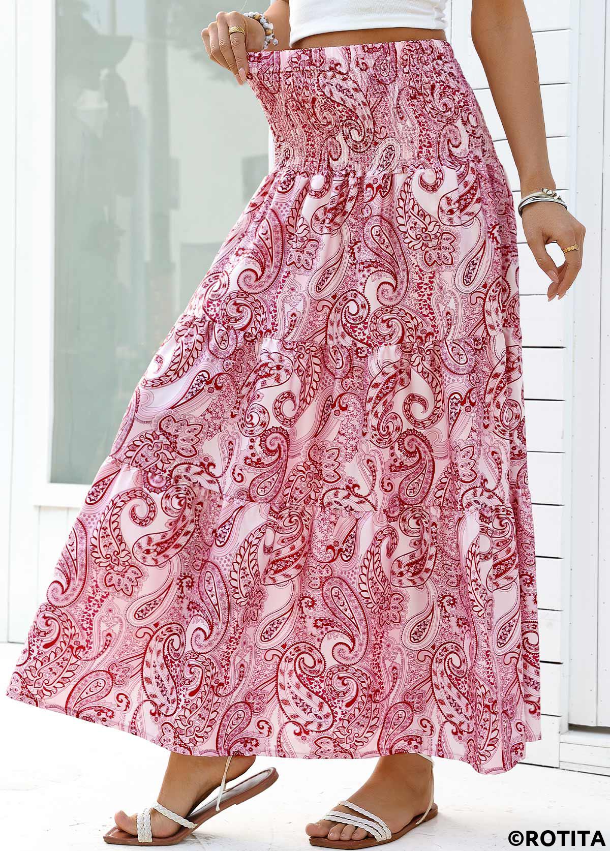 Dark Reddish Purple bottoms,Tribal bottoms,Tribal Print Dark Reddish Purple Maxi Elastic Waist Skirt