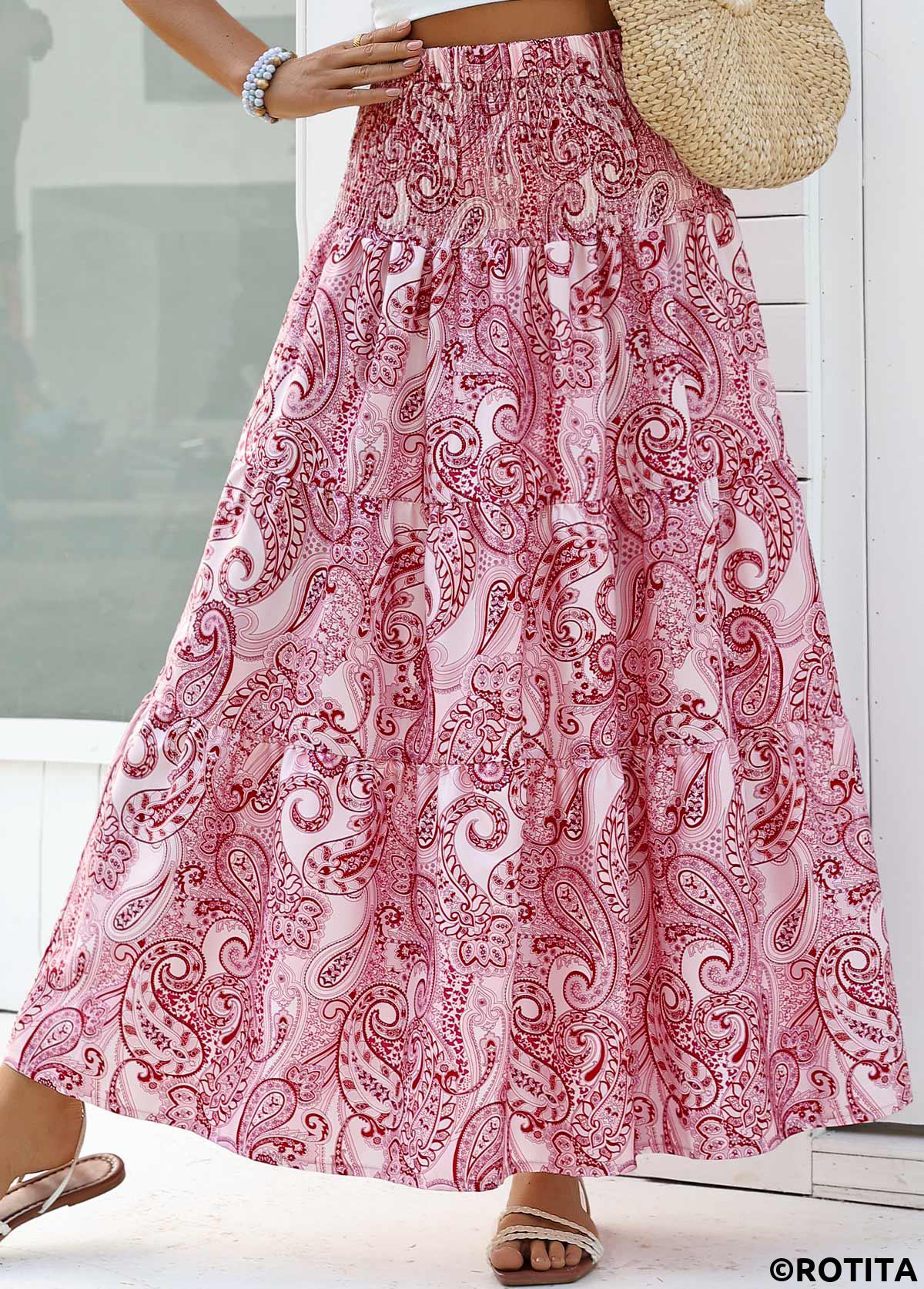 Dark Reddish Purple bottoms,Tribal bottoms,Tribal Print Dark Reddish Purple Maxi Elastic Waist Skirt
