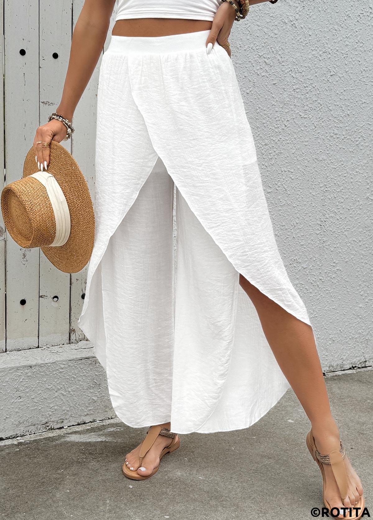 White bottoms,Plain Color bottoms,Flowy White Wide Leg Elastic Waist High Waisted Pants