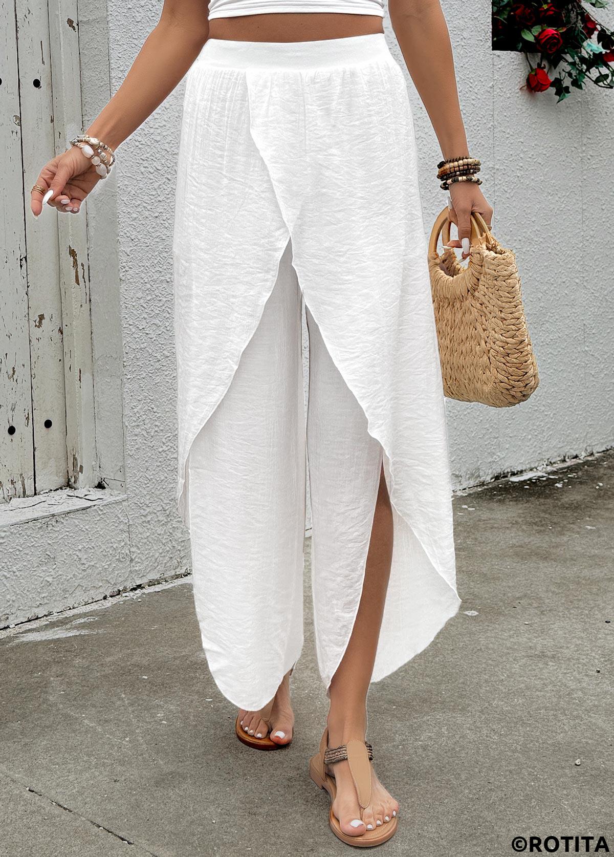 White bottoms,Plain Color bottoms,Flowy White Wide Leg Elastic Waist High Waisted Pants