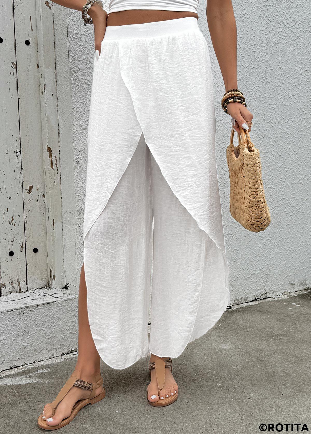 White bottoms,Plain Color bottoms,Flowy White Wide Leg Elastic Waist High Waisted Pants