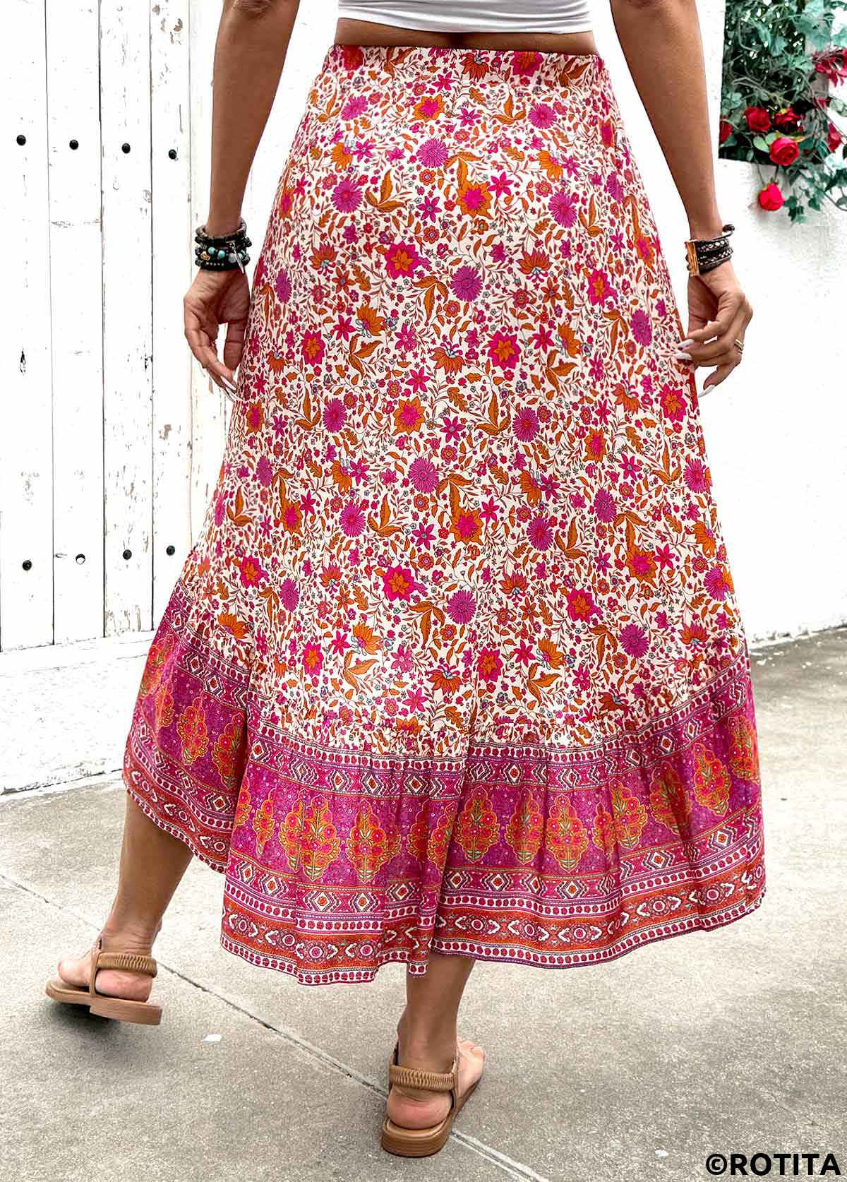 Hot Pink bottoms,Floral bottoms,Plants bottoms,Floral Print Hot Pink High Low Elastic Waist Skirt