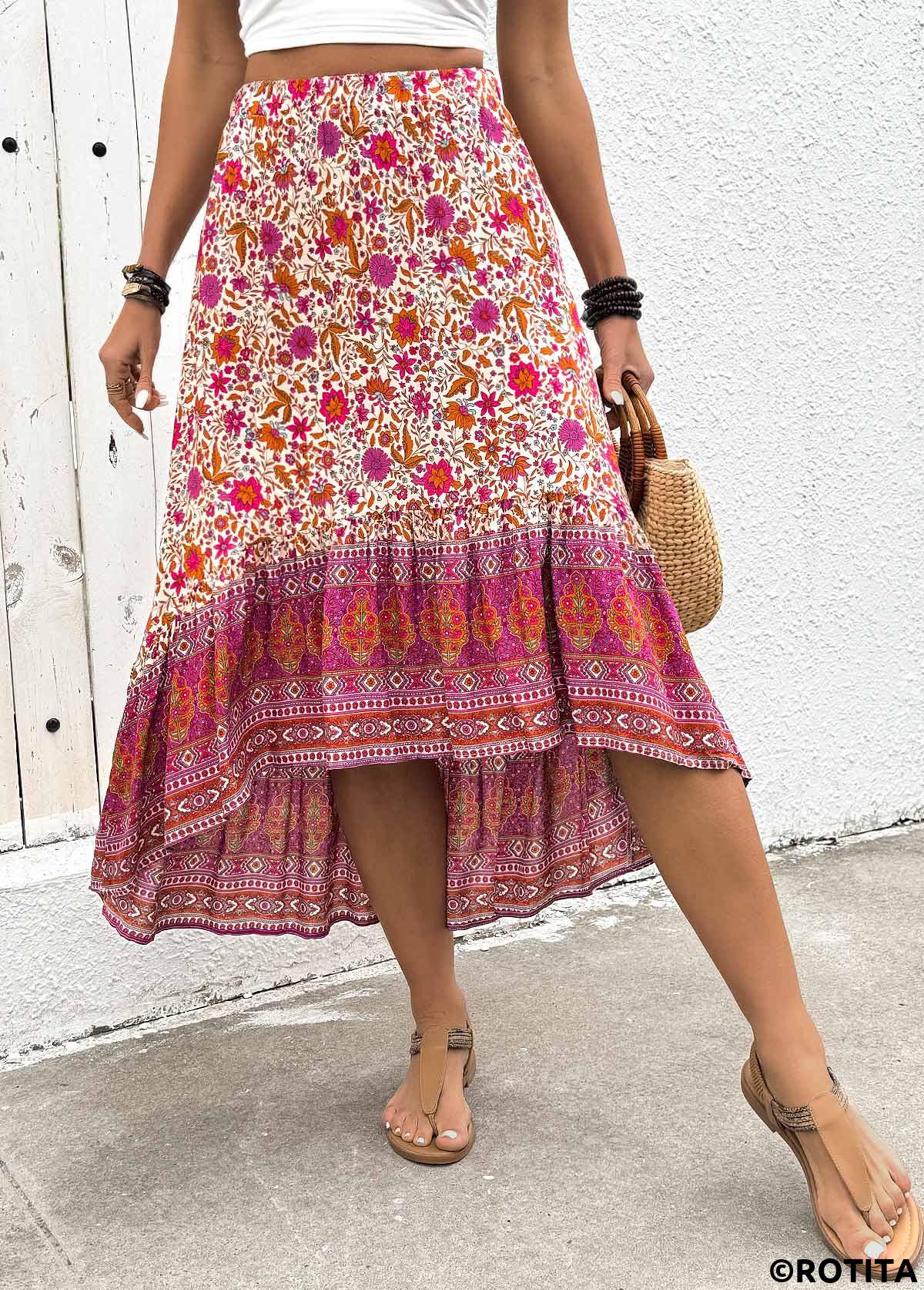 Hot Pink bottoms,Floral bottoms,Plants bottoms,Floral Print Hot Pink High Low Elastic Waist Skirt