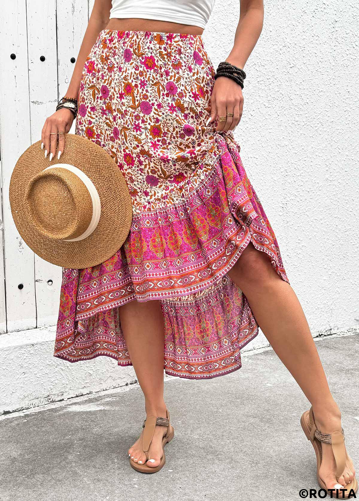 Hot Pink bottoms,Floral bottoms,Plants bottoms,Floral Print Hot Pink High Low Elastic Waist Skirt