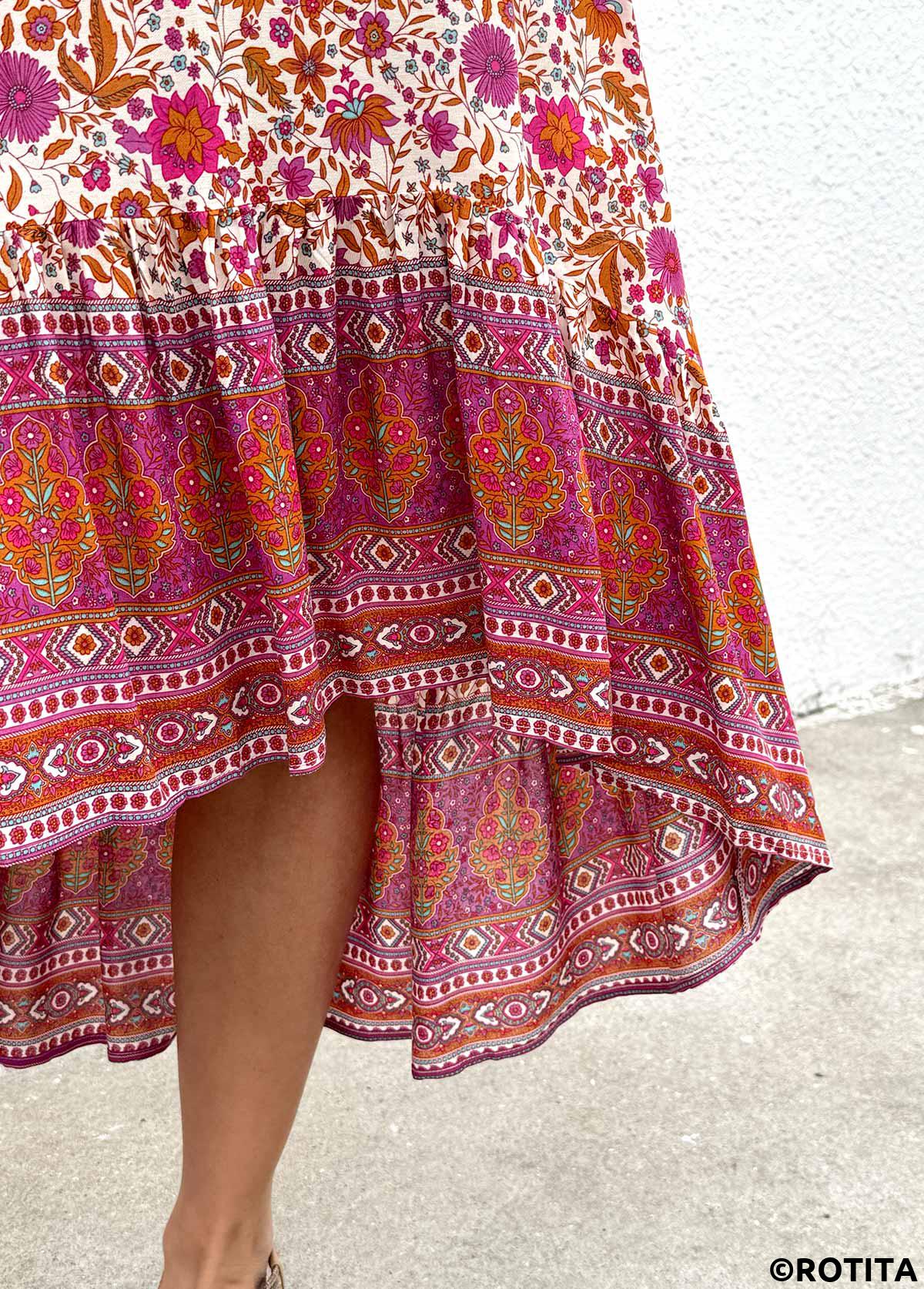 Hot Pink bottoms,Floral bottoms,Plants bottoms,Floral Print Hot Pink High Low Elastic Waist Skirt