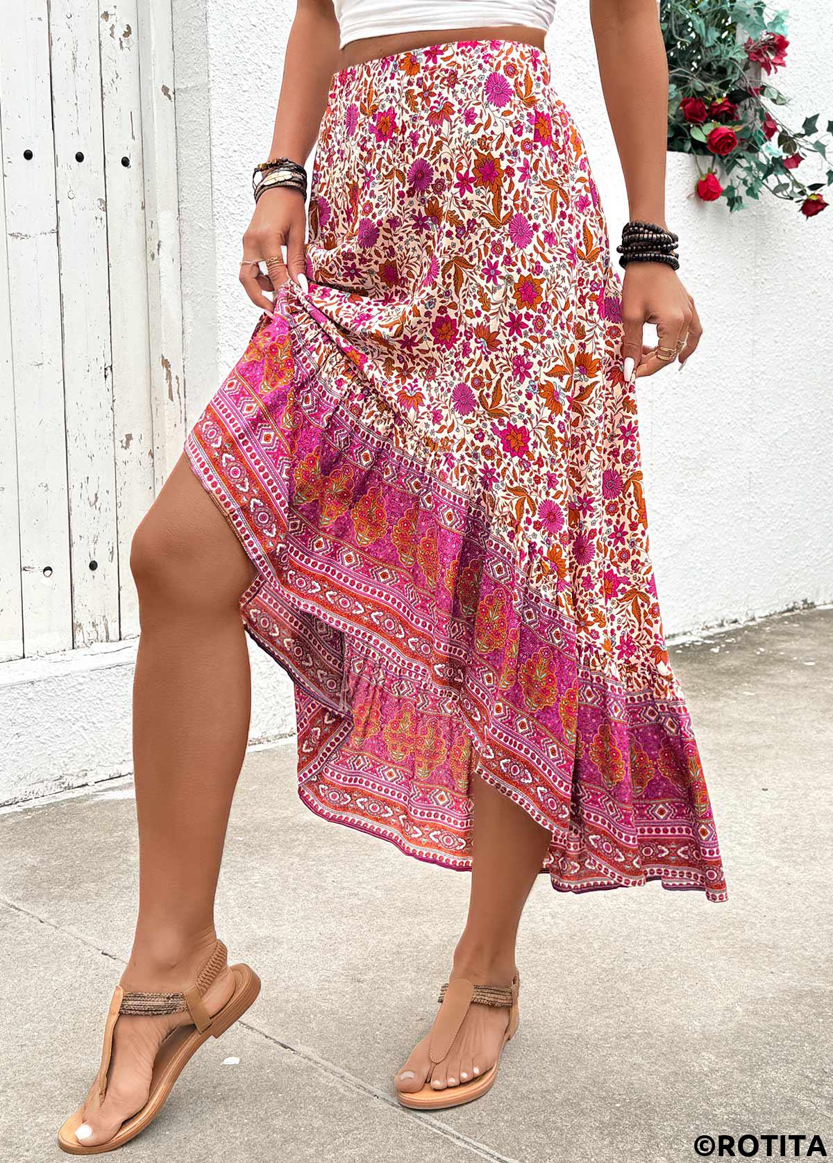 Hot Pink bottoms,Floral bottoms,Plants bottoms,Floral Print Hot Pink High Low Elastic Waist Skirt