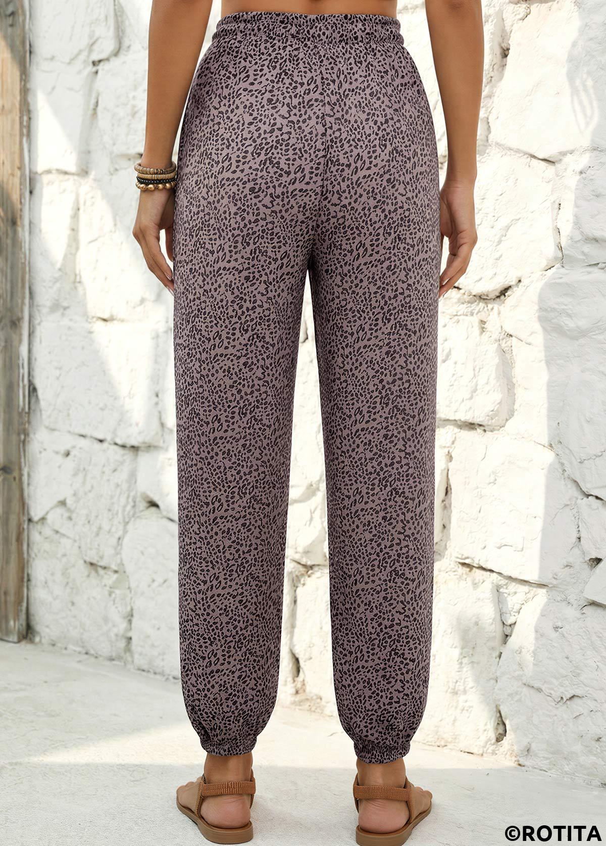 Gray Brown bottoms,Leopard bottoms,Animal Print bottoms,Leopard Gray Brown Jogger Elastic Waist High Waisted Pants