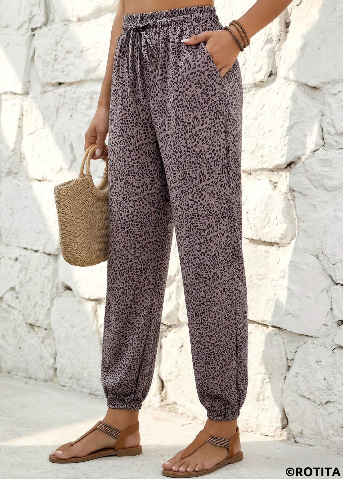 Gray Brown bottoms,Leopard bottoms,Animal Print bottoms,Leopard Gray Brown Jogger Elastic Waist High Waisted Pants