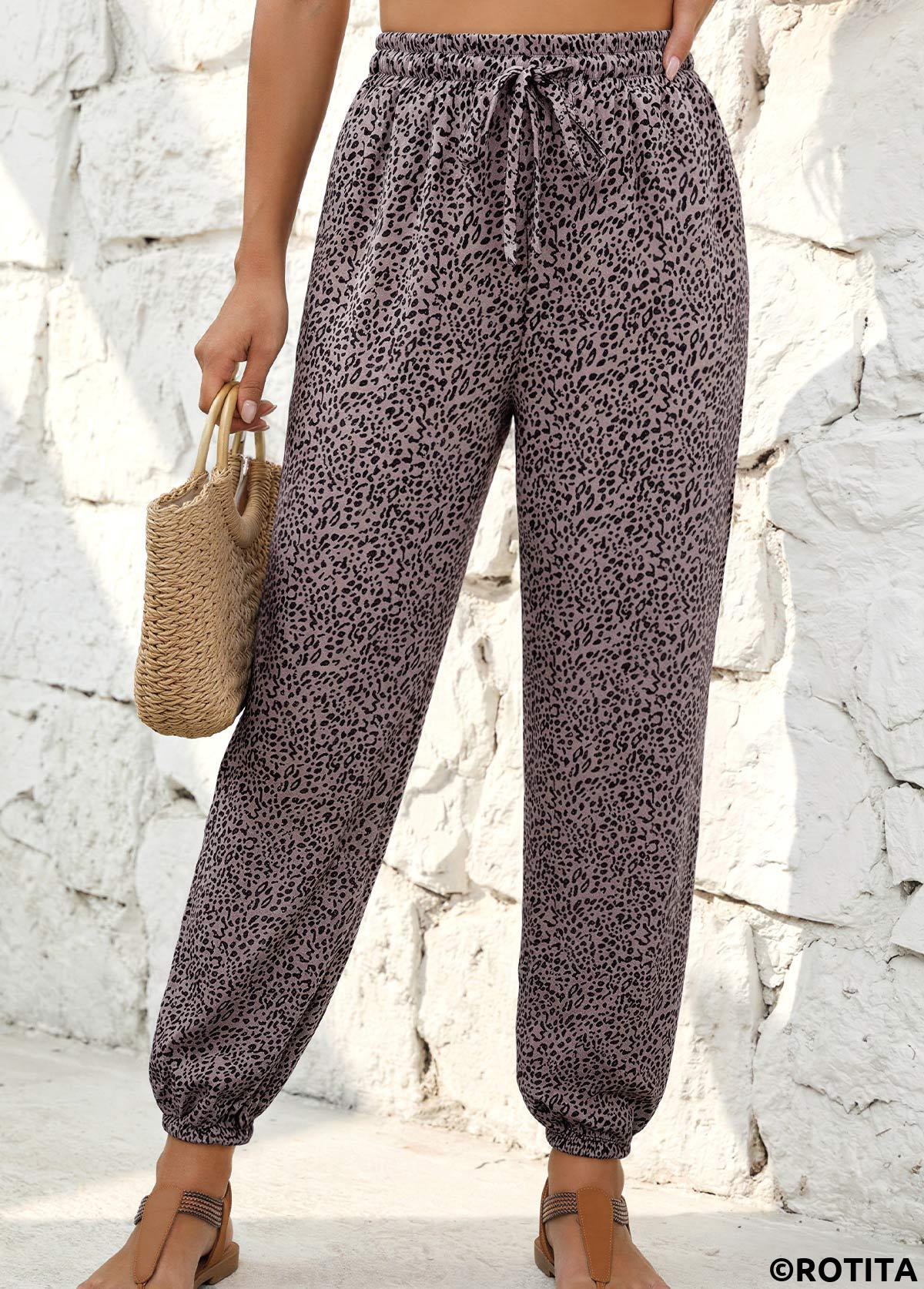 Gray Brown bottoms,Leopard bottoms,Animal Print bottoms,Leopard Gray Brown Jogger Elastic Waist High Waisted Pants