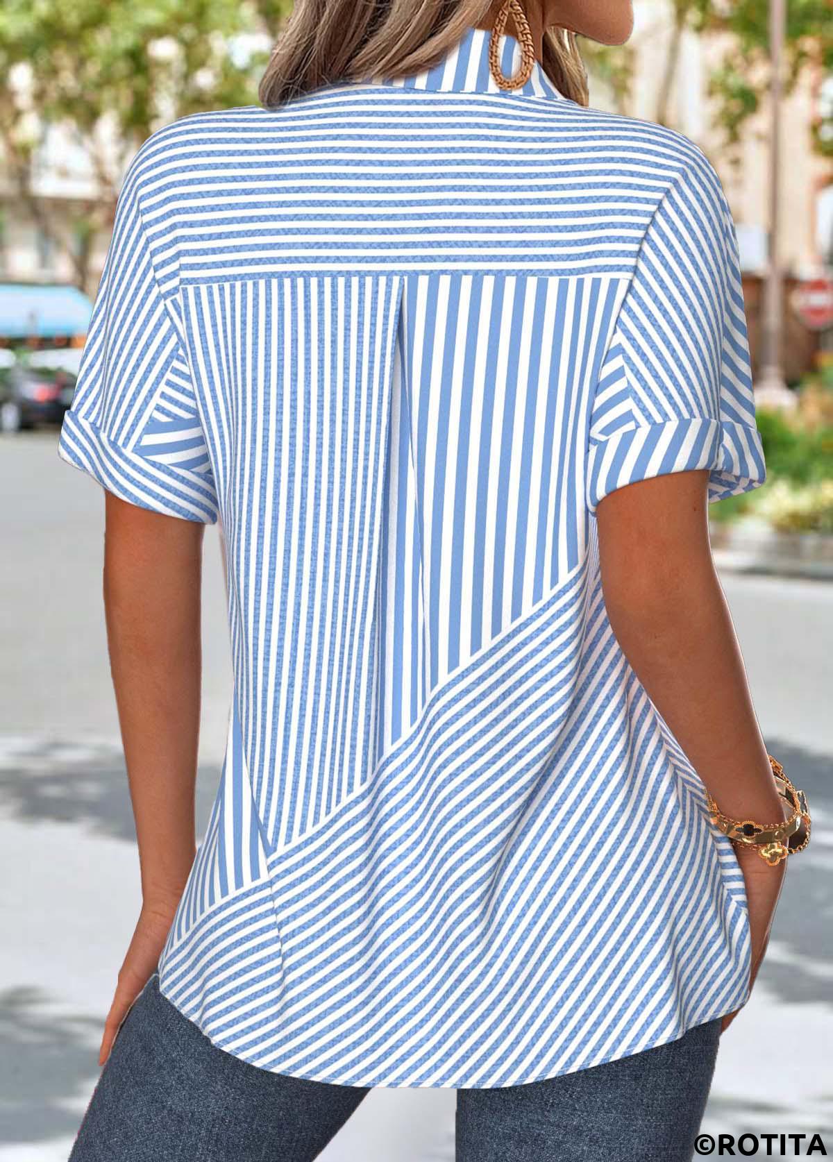 Light Blue tops,Striped tops,Geometric tops,ROTITA Patch Pocket Striped Light Blue Short Sleeve Shirt