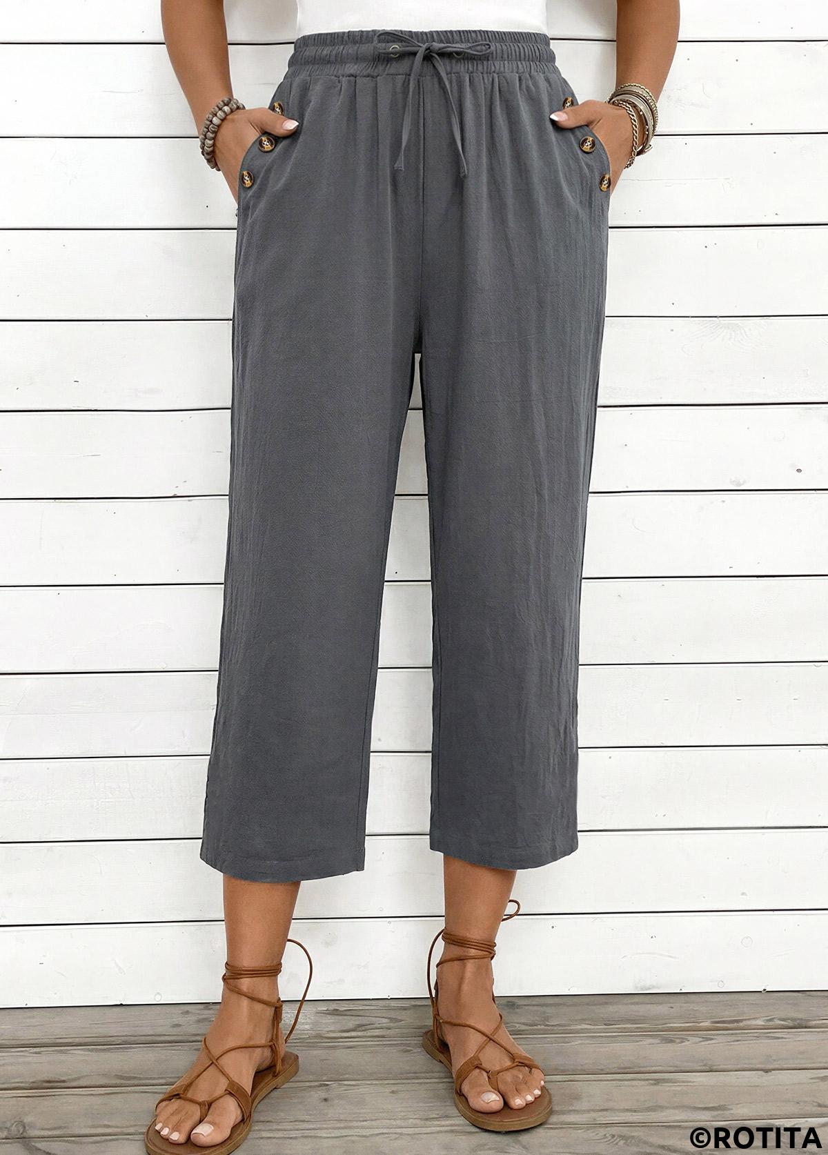 Grey bottoms,Plain Color bottoms,Grey Straight Leg Elastic Waist High Waisted Pants