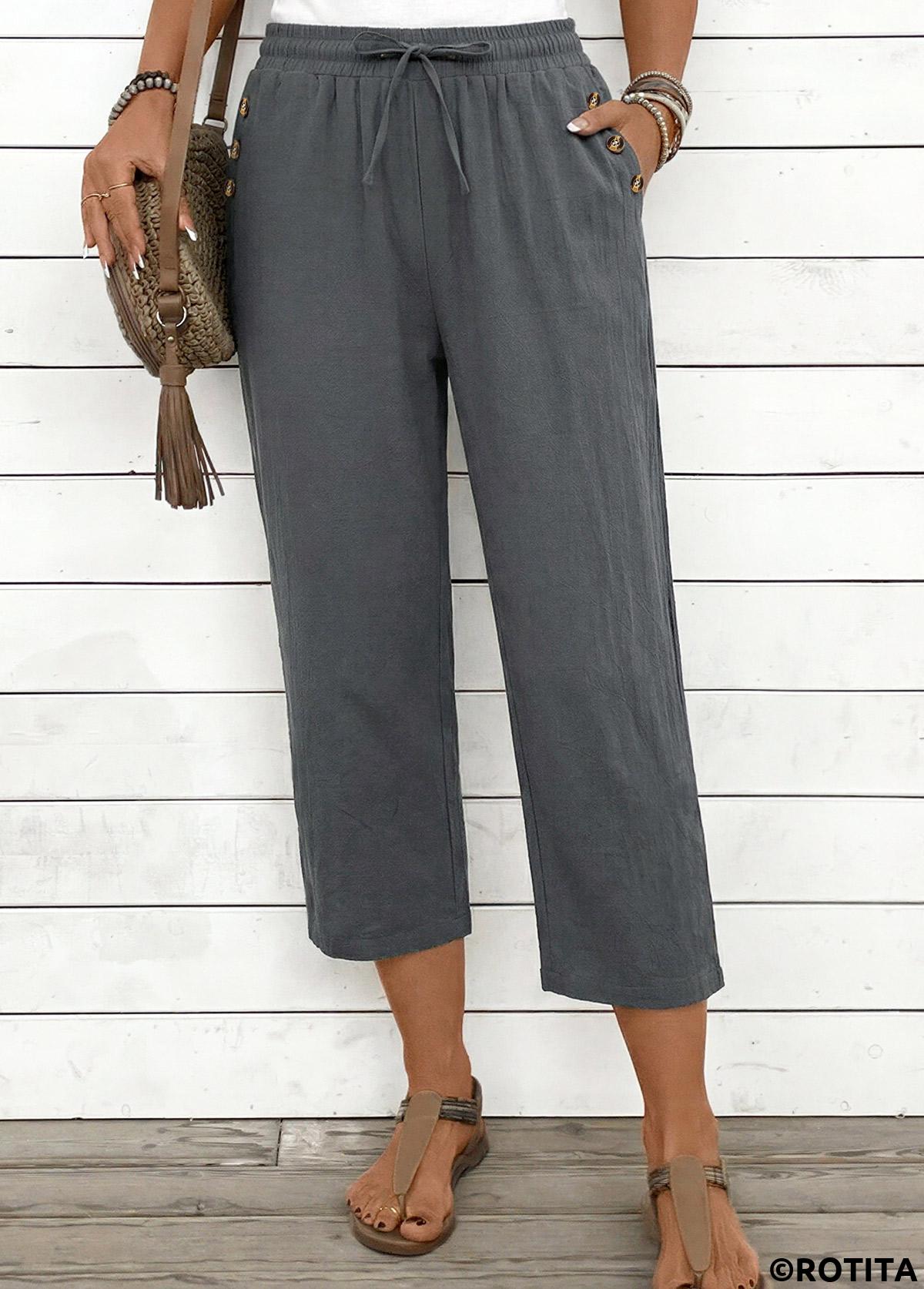 Grey bottoms,Plain Color bottoms,Grey Straight Leg Elastic Waist High Waisted Pants