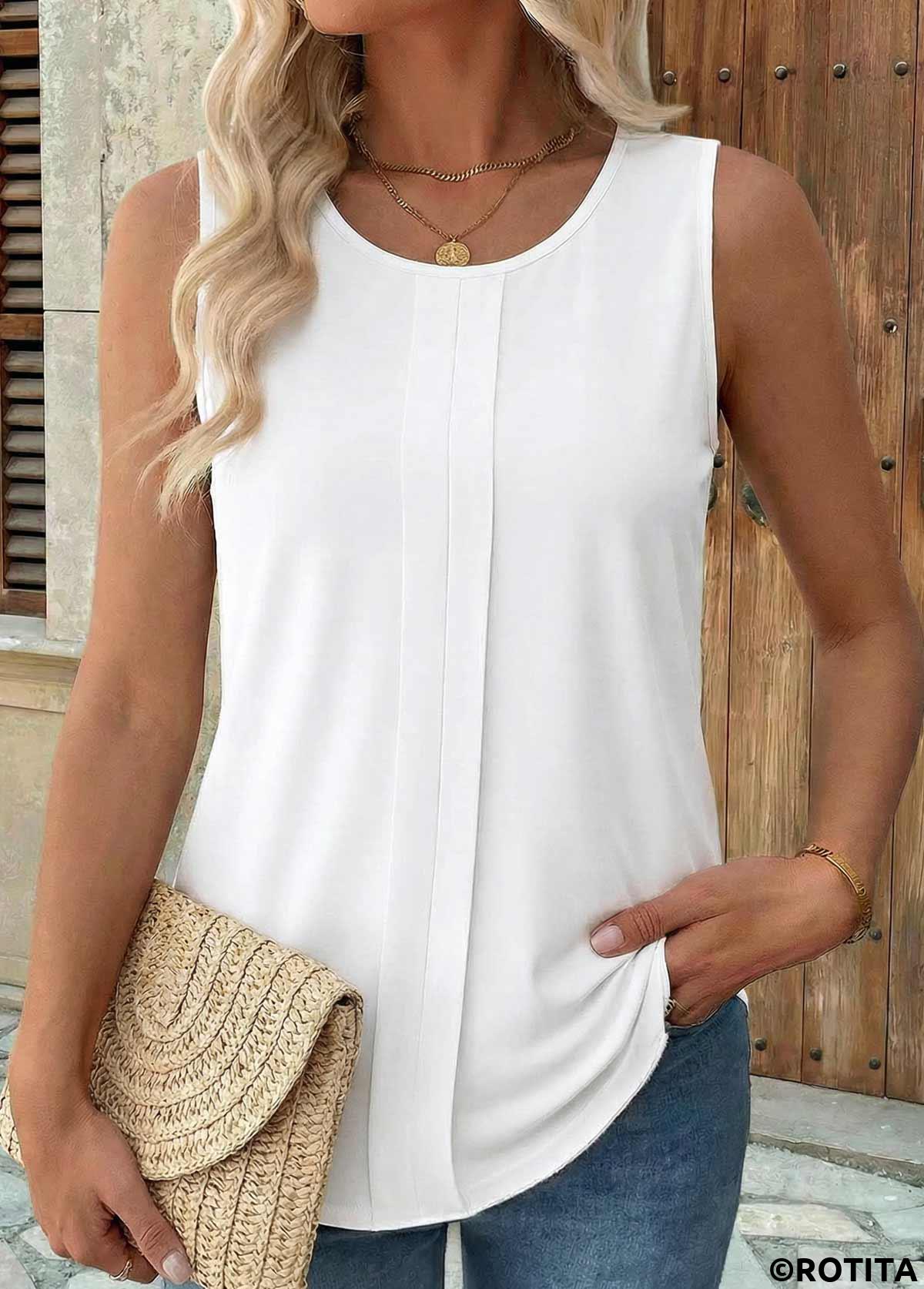White tops,Plain Color tops,ROTITA Patchwork White Round Neck Sleeveless Tank Top