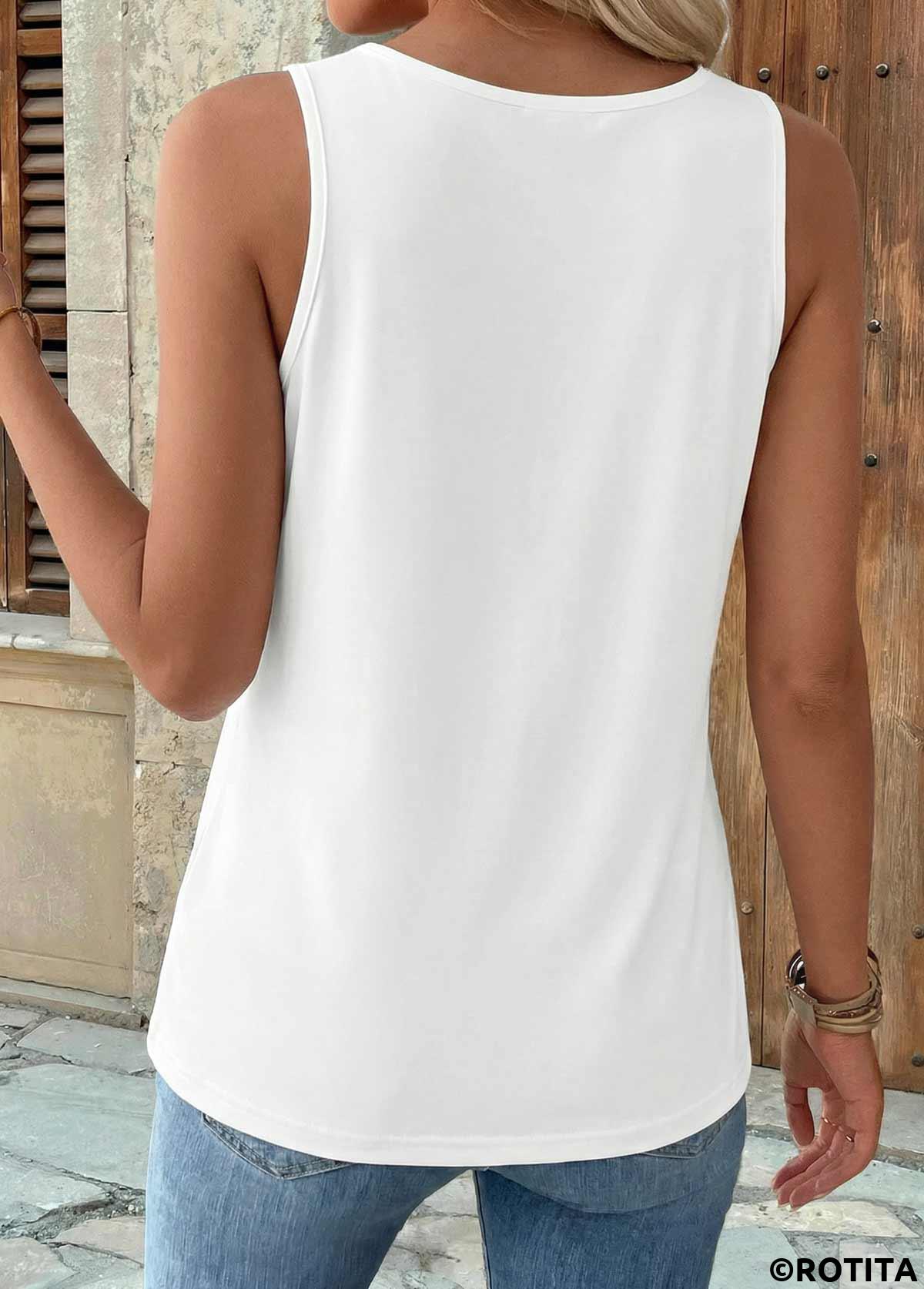 White tops,Plain Color tops,ROTITA Patchwork White Round Neck Sleeveless Tank Top