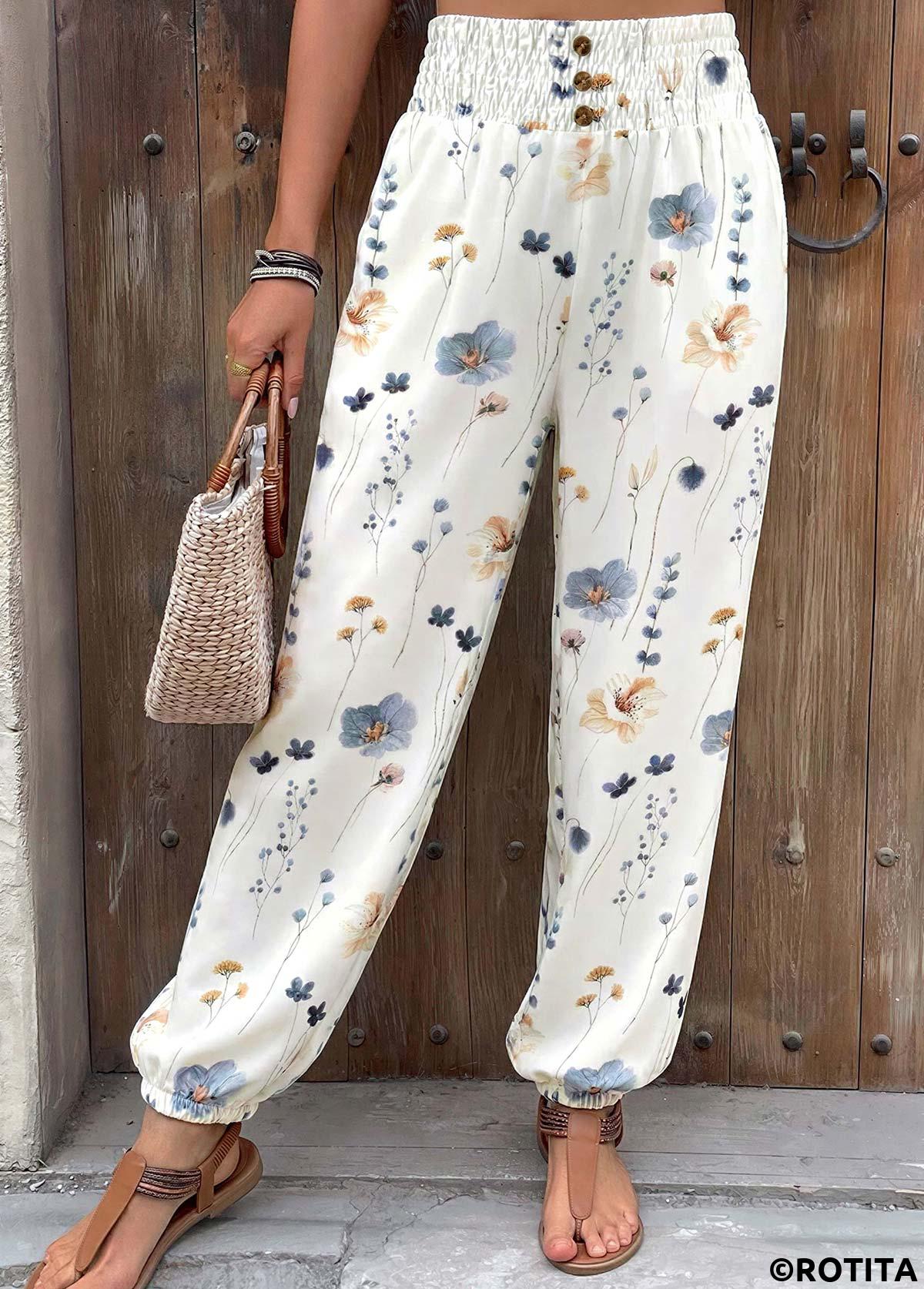 White bottoms,Floral bottoms,Plants bottoms,ROTITA Flowy Floral Print White Jogger Elastic Waist Pants