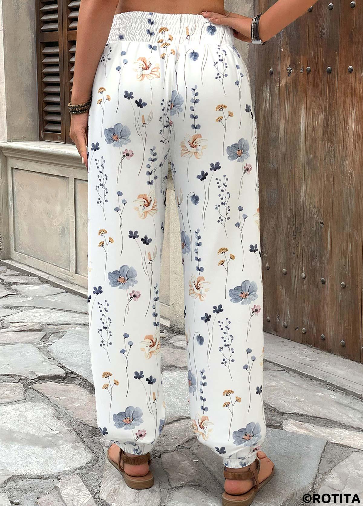 White bottoms,Floral bottoms,Plants bottoms,ROTITA Flowy Floral Print White Jogger Elastic Waist Pants