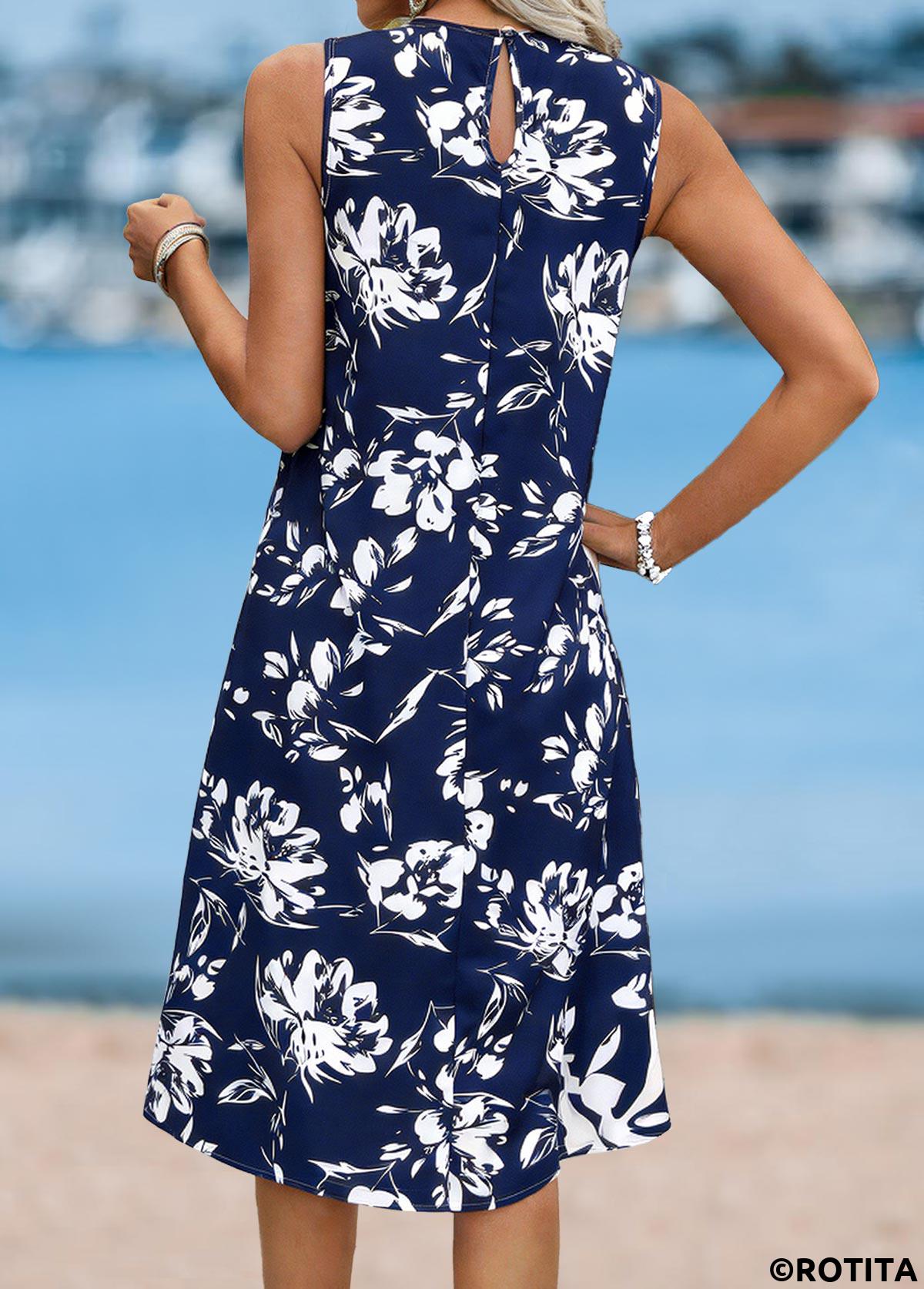 Navy dresses,Floral dresses,Plants dresses,Vacation dresses,ROTITA Floral Print Navy Round Neck Sleeveless Dress