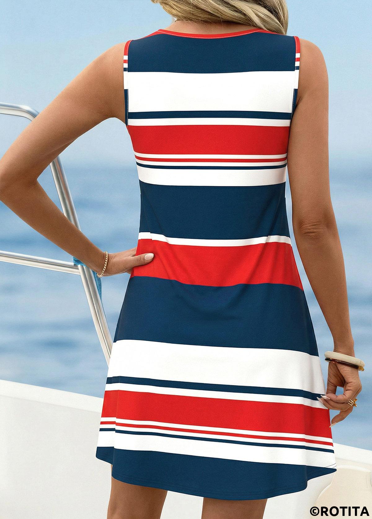 Multi Color dresses,Striped dresses,Geometric dresses,Vacation dresses,Vacation dresses,ROTITA Multi Color Striped Tummy Coverage Short Scoop Neck Dress