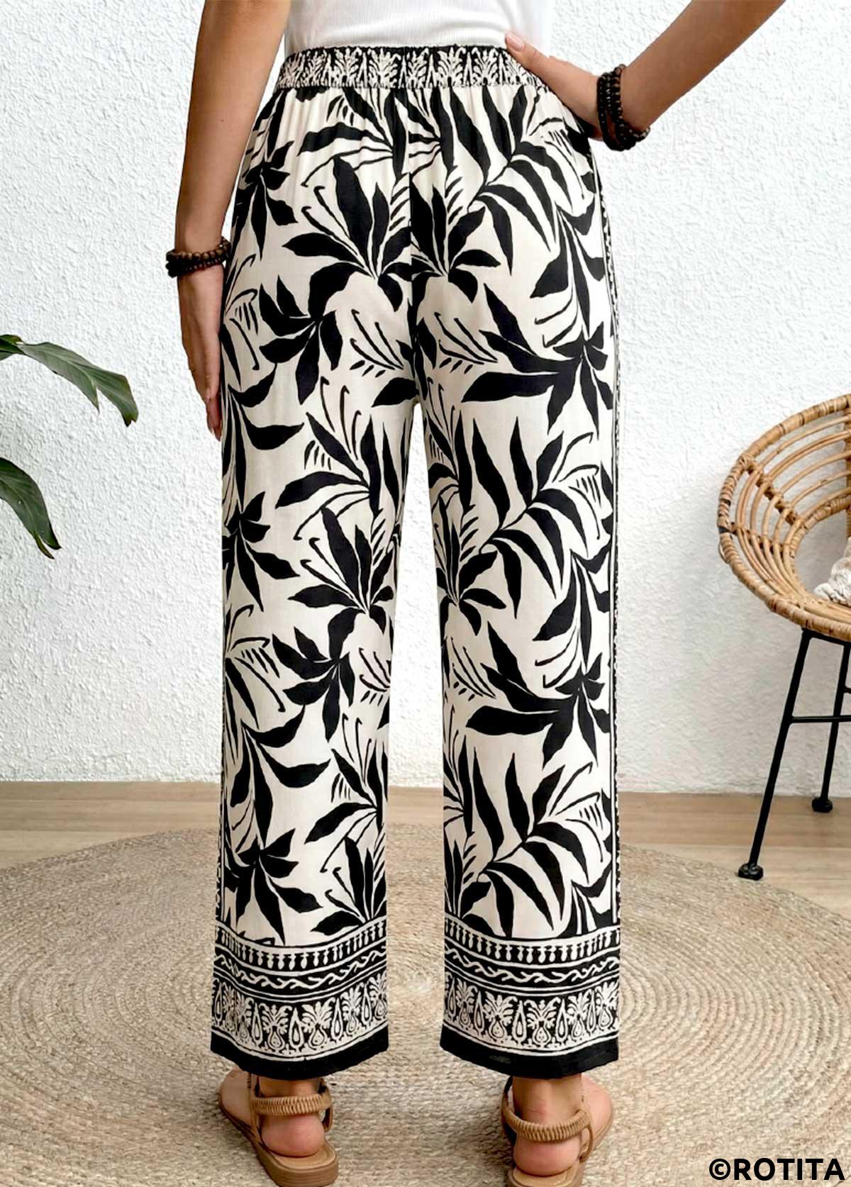 Black bottoms,Plants bottoms,ROTITA Soft Tropical Plants Print Black Wide Leg Pants
