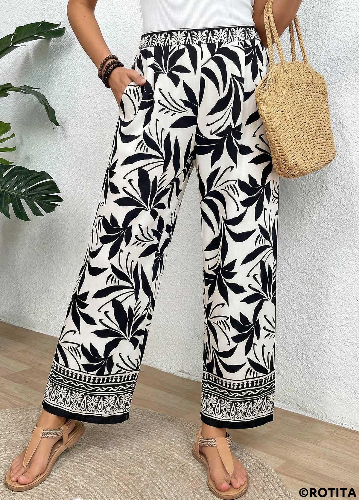 Black bottoms,Plants bottoms,ROTITA Soft Tropical Plants Print Black Wide Leg Pants