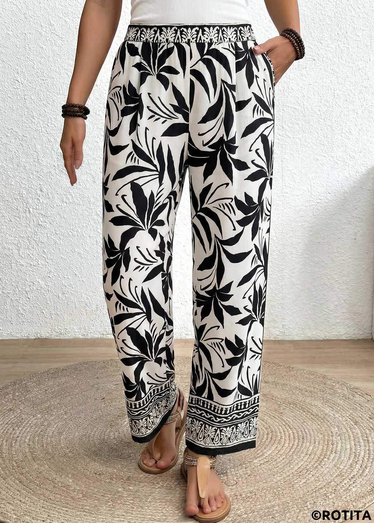 Black bottoms,Plants bottoms,ROTITA Soft Tropical Plants Print Black Wide Leg Pants