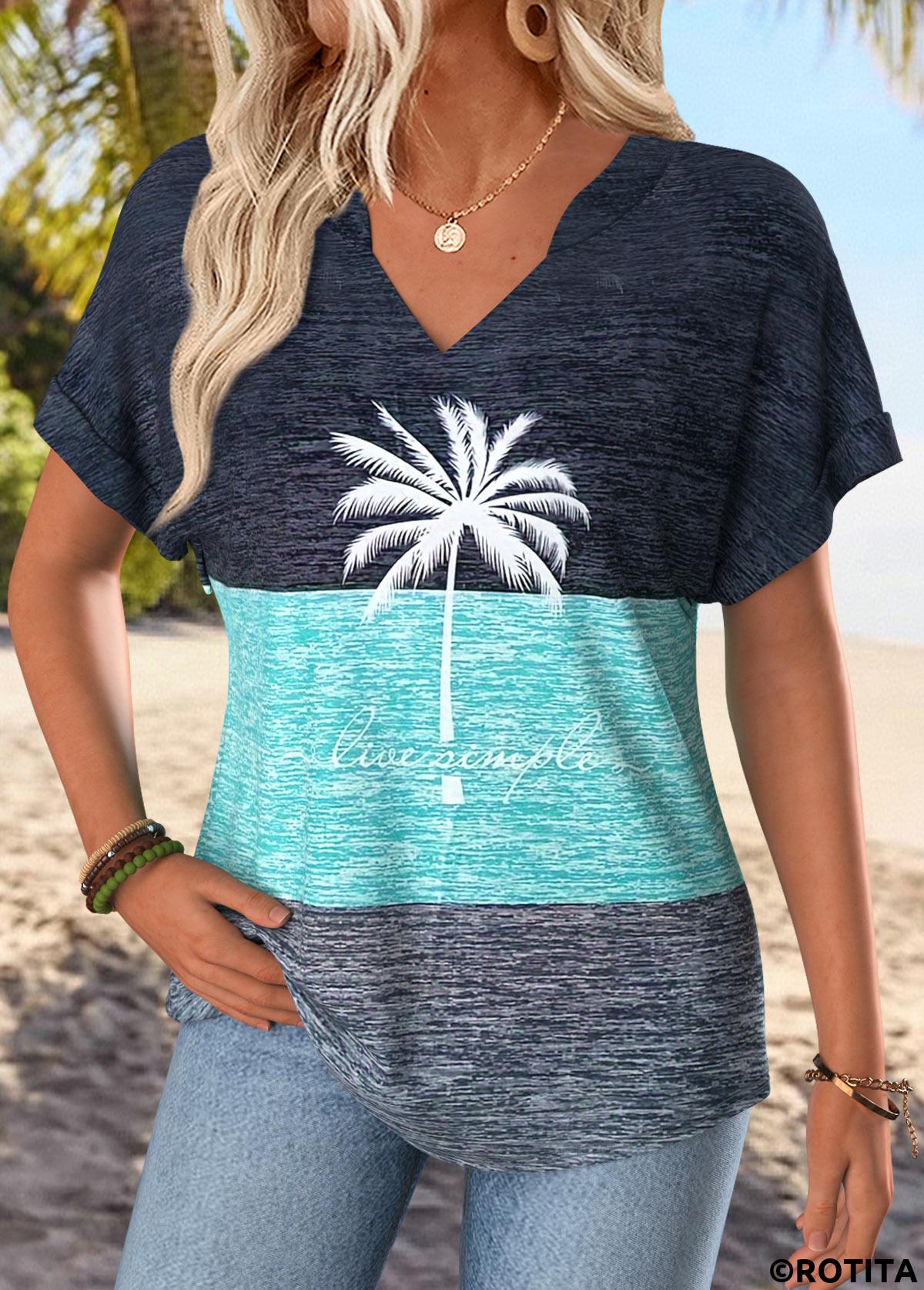 Dusty Blue tops,Plants tops,ROTITA Tummy Coverage Tropical Plants Print Dusty Blue T Shirt