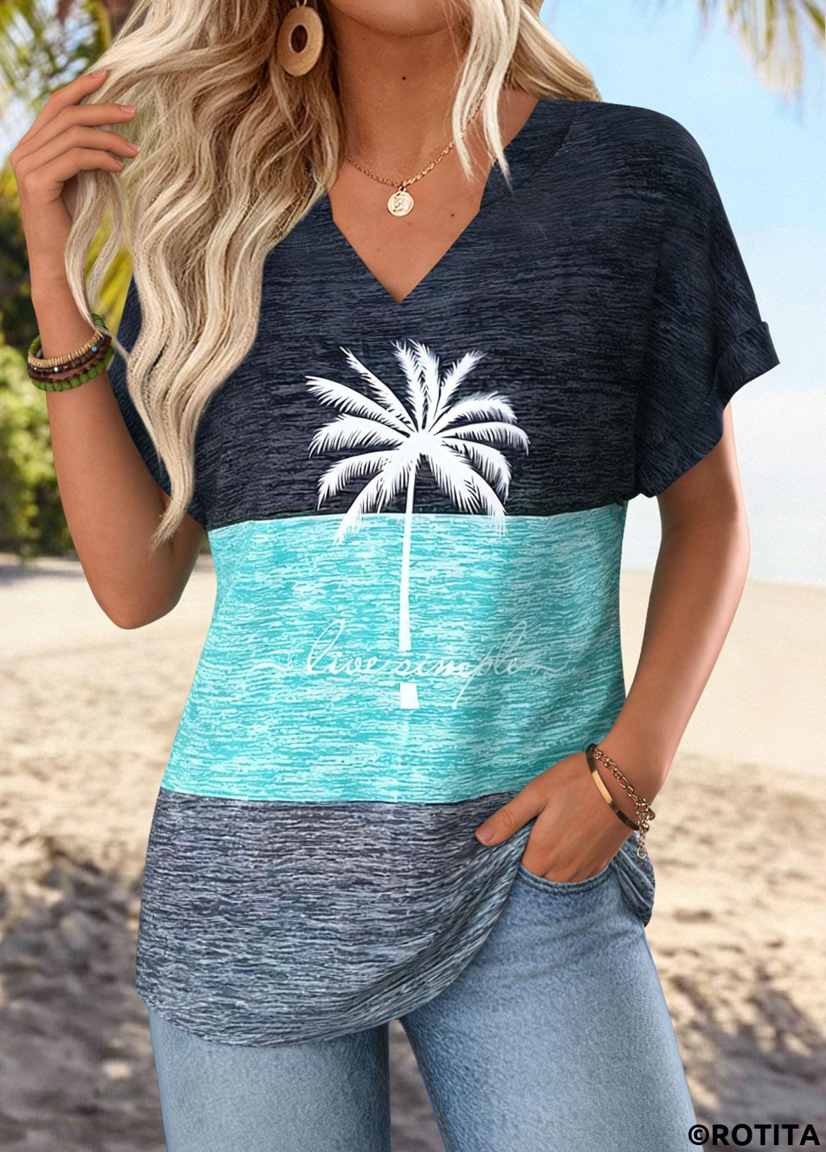 Dusty Blue tops,Plants tops,ROTITA Tummy Coverage Tropical Plants Print Dusty Blue T Shirt