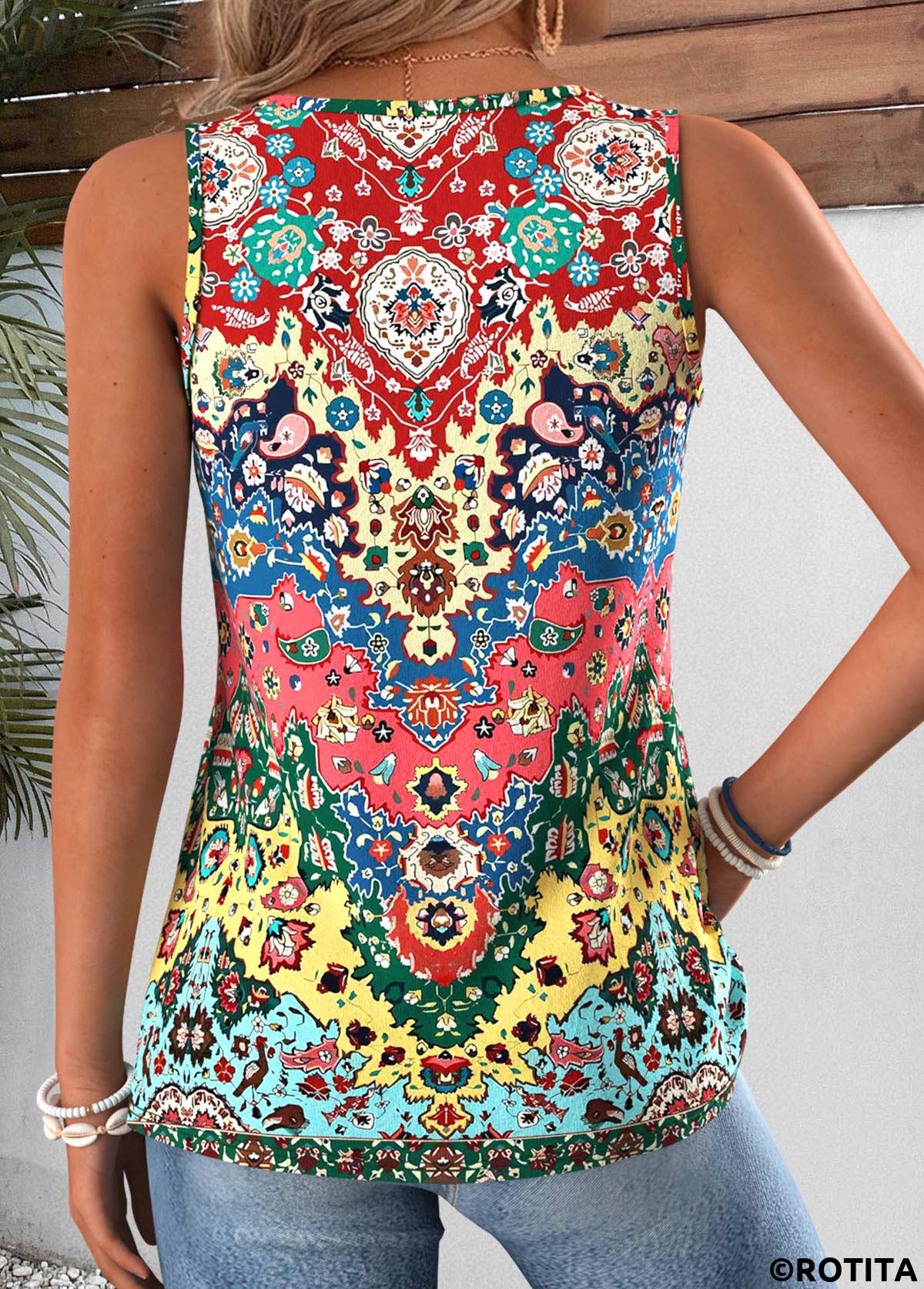 Multi Color tops,Tribal tops,ROTITA Patchwork Tribal Print Multi Color V Neck Tank Top