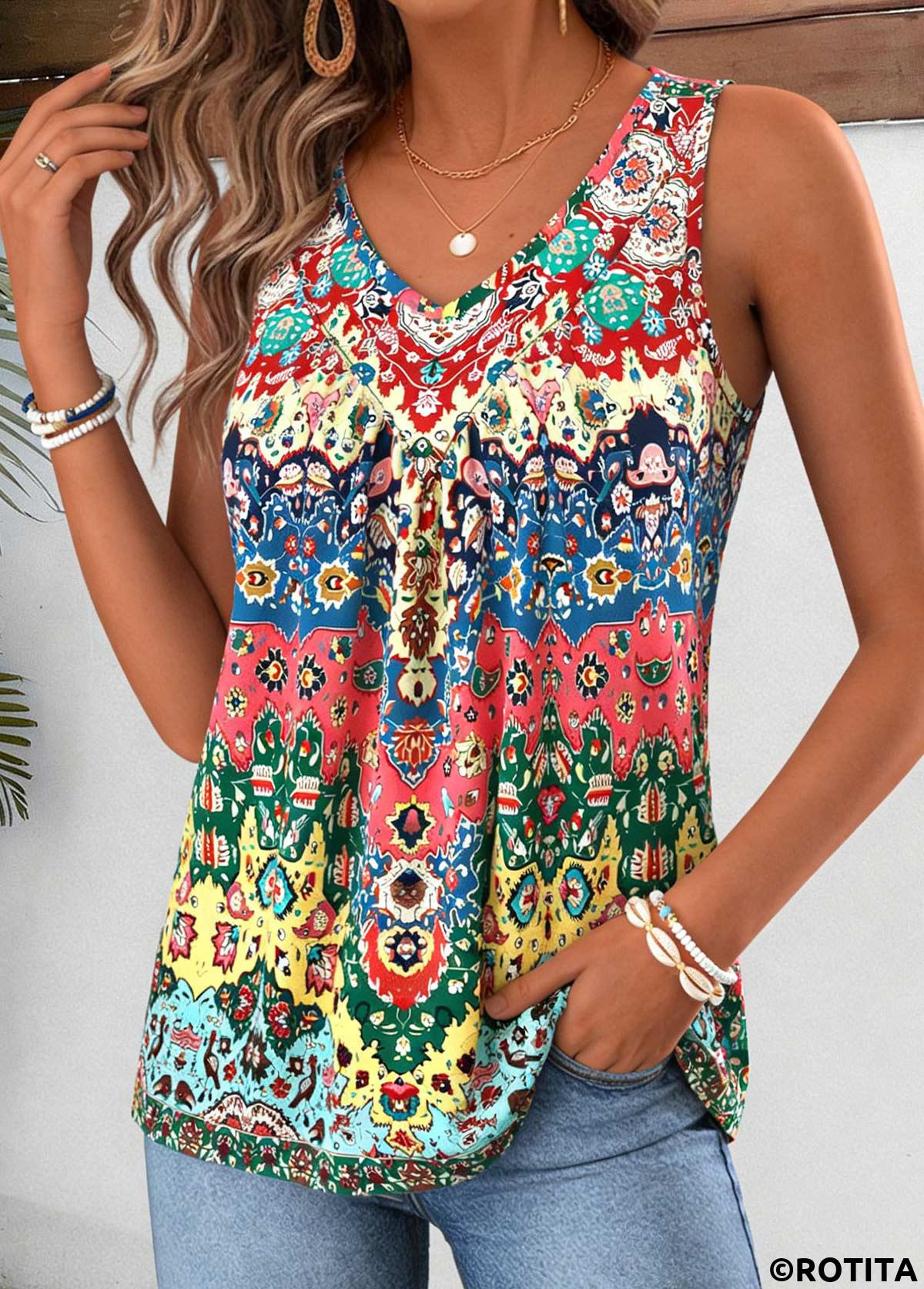 Multi Color tops,Tribal tops,ROTITA Patchwork Tribal Print Multi Color V Neck Tank Top