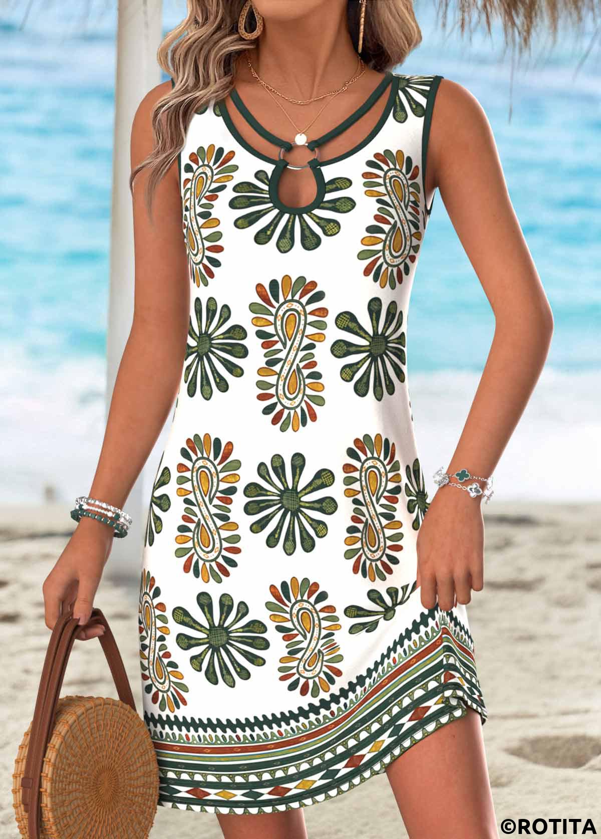 Multi Color dresses,Tribal dresses,Vacation dresses,Vacation dresses,ROTITA Multi Color Tribal Print Tummy Coverage Short Sleeveless Dress