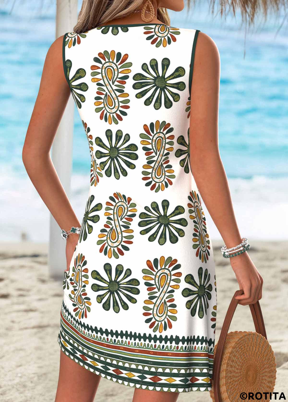 Multi Color dresses,Tribal dresses,Vacation dresses,Vacation dresses,ROTITA Multi Color Tribal Print Tummy Coverage Short Sleeveless Dress