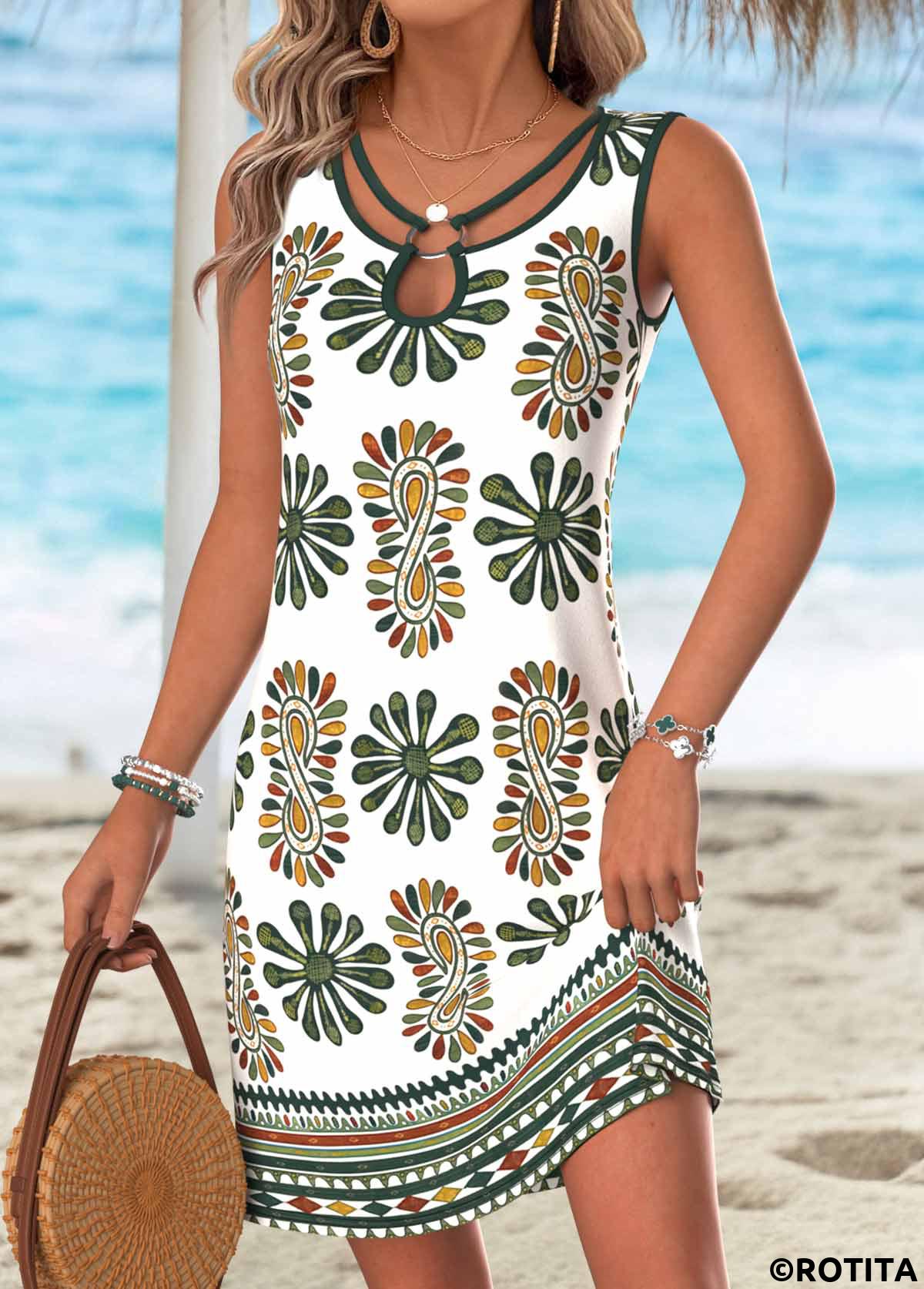Multi Color dresses,Tribal dresses,Vacation dresses,Vacation dresses,ROTITA Multi Color Tribal Print Tummy Coverage Short Sleeveless Dress