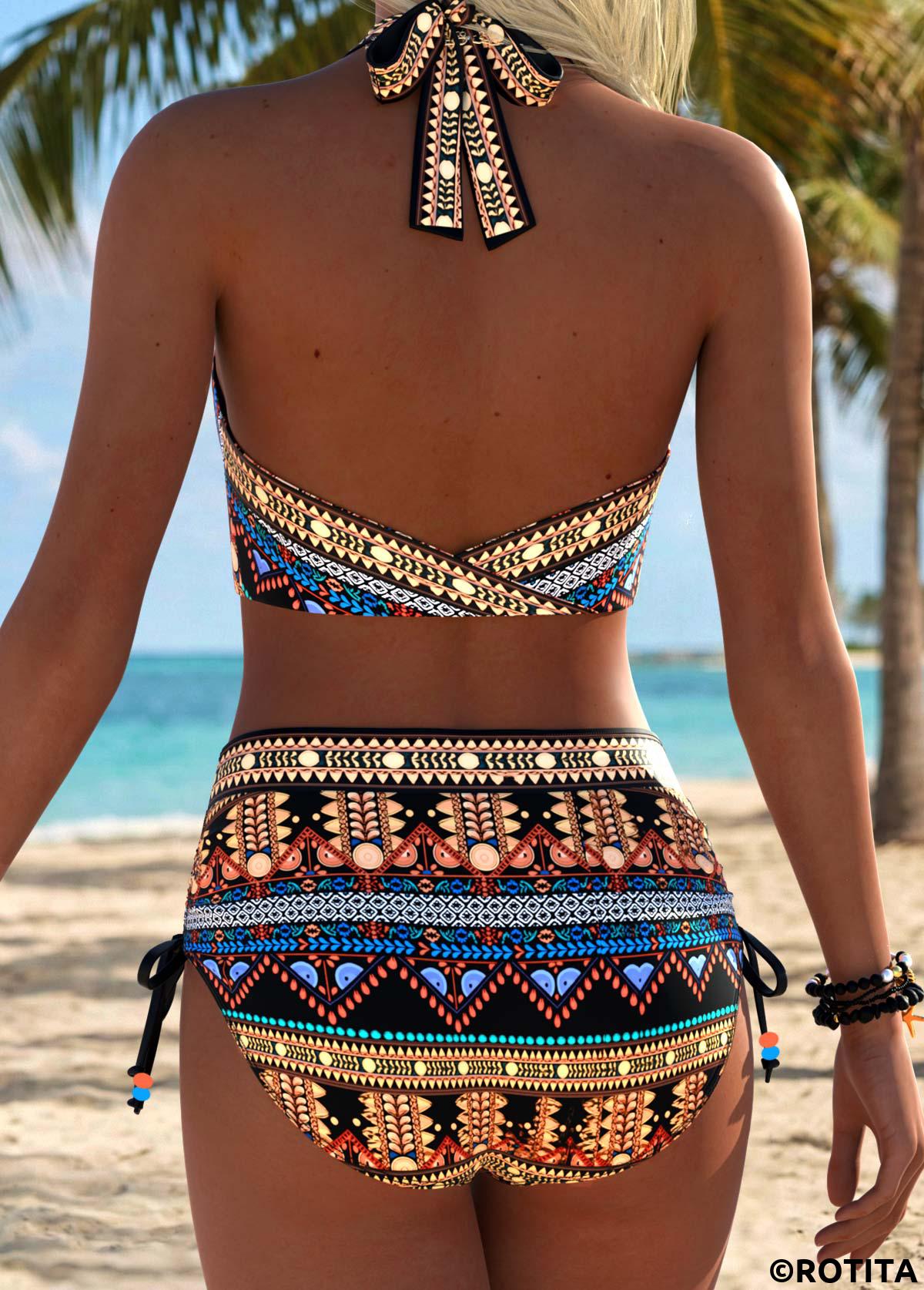 Multi Color swimwear,Tribal swimwear,ROTITA Multi Color Bowknot Tribal Print Mid Waisted Bikini Set