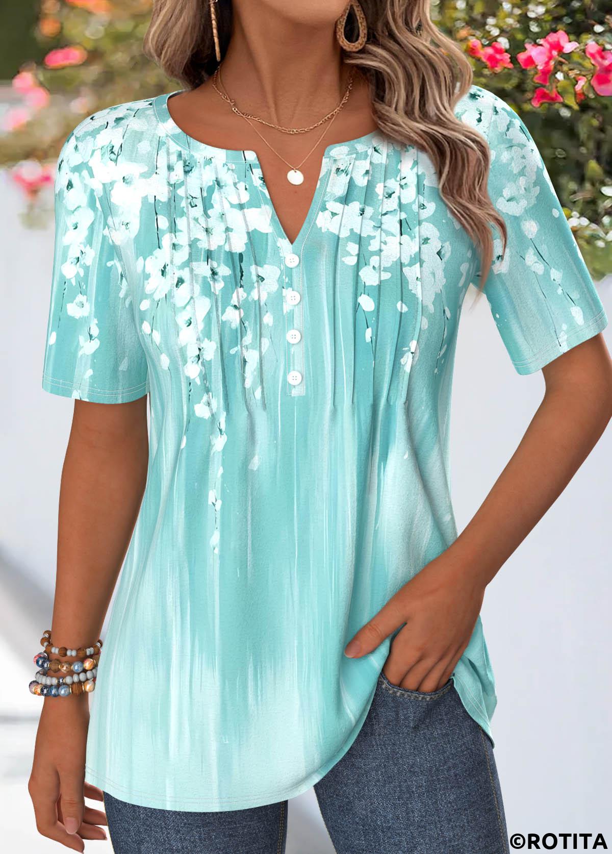 Cyan tops,Floral tops,Plants tops,ROTITA Tuck Stitch Floral Print Cyan Split Neck T Shirt