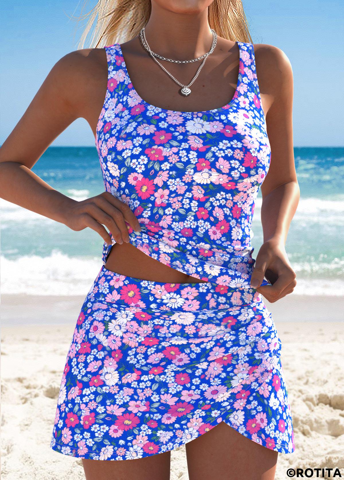 Royal Blue swimwear,Tribal swimwear,ROTITA Royal Blue Tummy Coverage Tribal Print Tankini Set