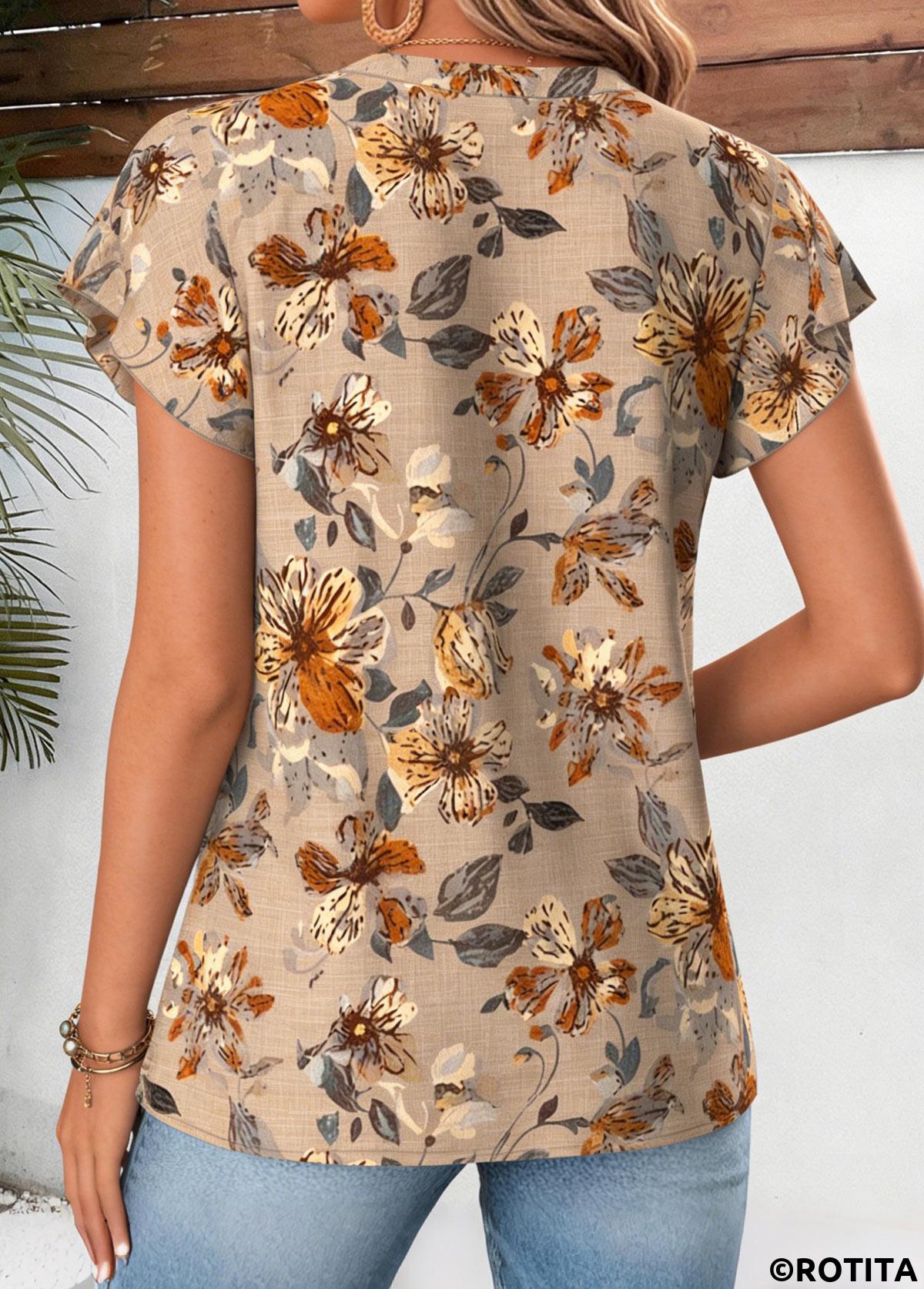 Light Camel tops,Floral tops,Plants tops,ROTITA Floral Print Light Camel Split Neck Short Sleeve Blouse