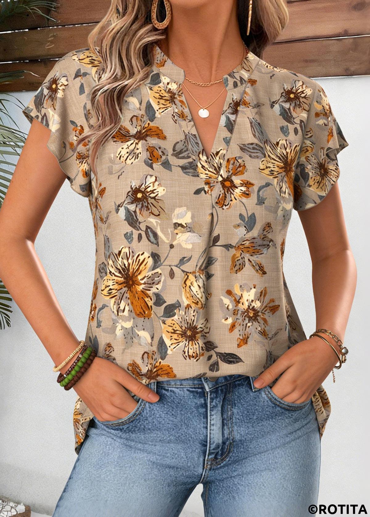 Light Camel tops,Floral tops,Plants tops,ROTITA Floral Print Light Camel Split Neck Short Sleeve Blouse