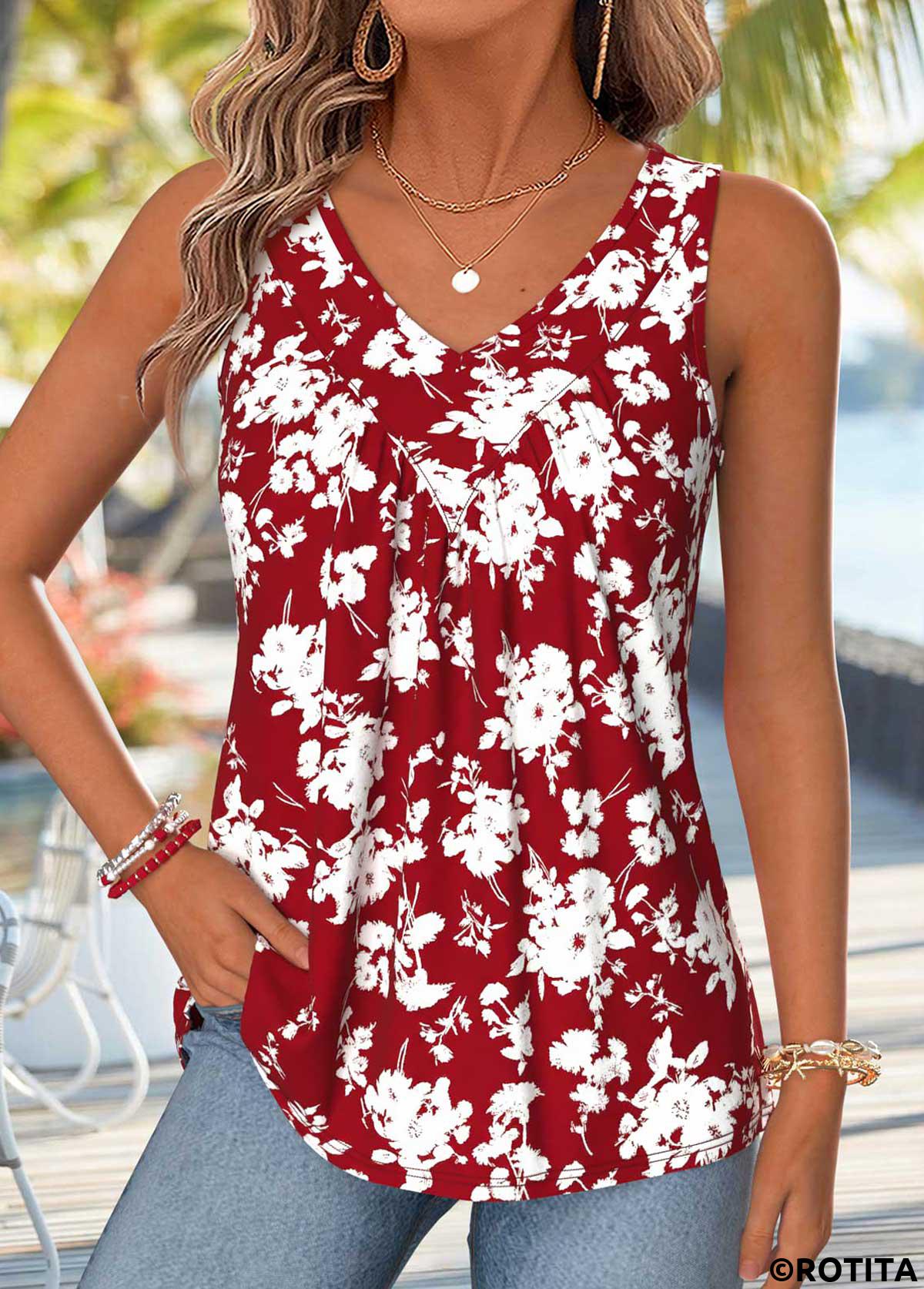 Red tops,Floral tops,Plants tops,ROTITA Patchwork Floral Print Red V Neck Sleeveless Tank Top