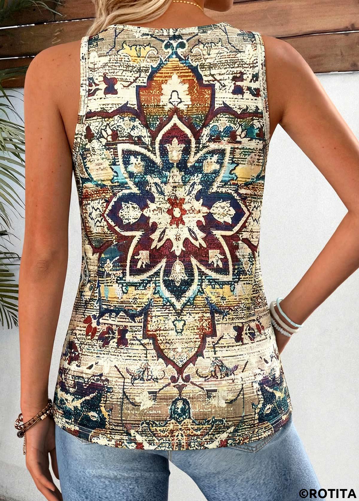 Multi Color tops,Tribal tops,ROTITA Curved Hem Tribal Print Multi Color Sleeveless Tank Top
