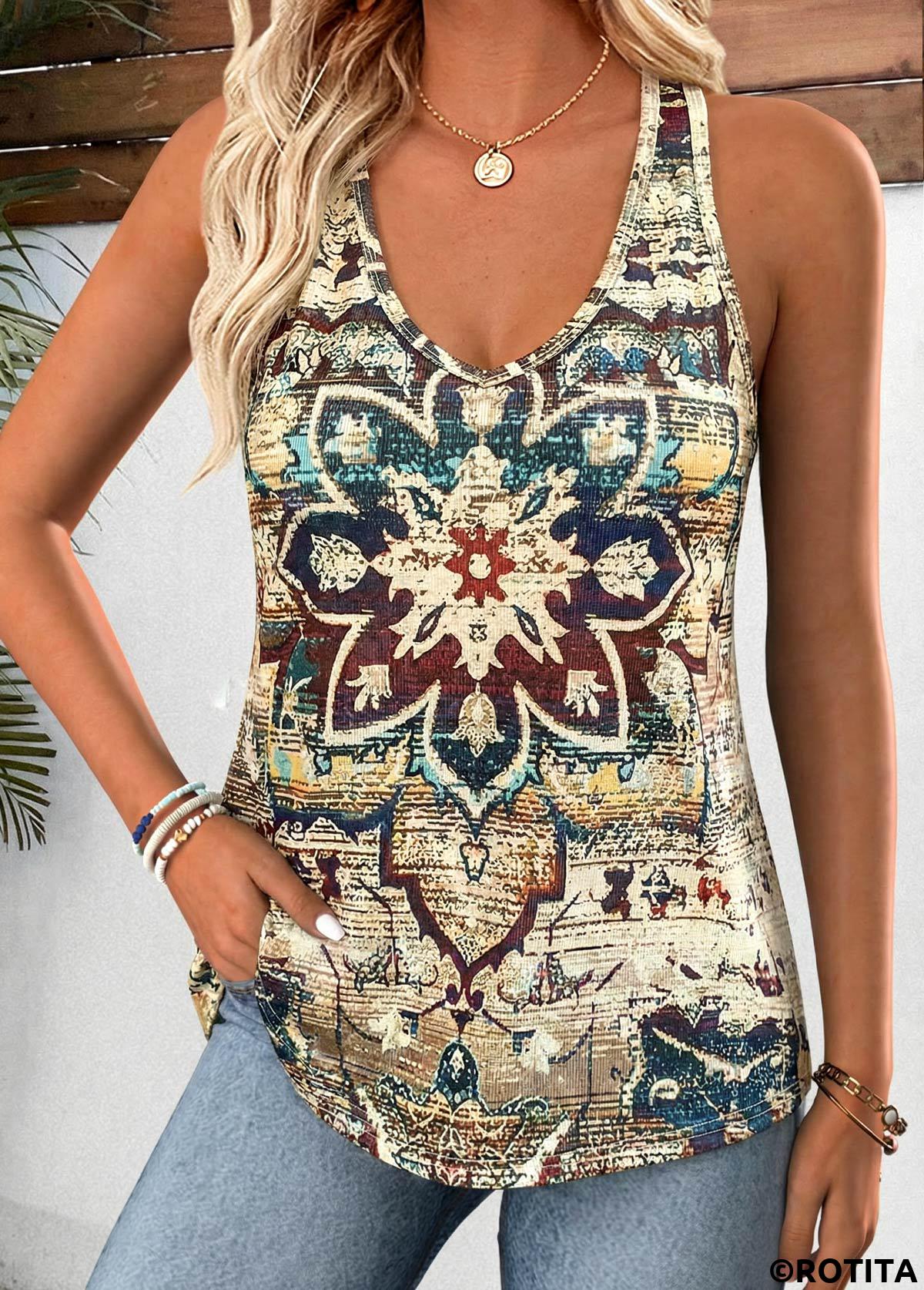 Multi Color tops,Tribal tops,ROTITA Curved Hem Tribal Print Multi Color Sleeveless Tank Top