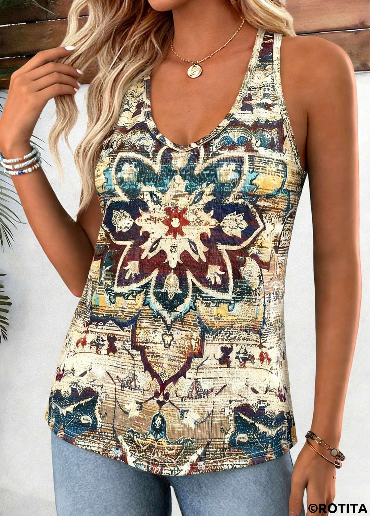 Multi Color tops,Tribal tops,ROTITA Curved Hem Tribal Print Multi Color Sleeveless Tank Top