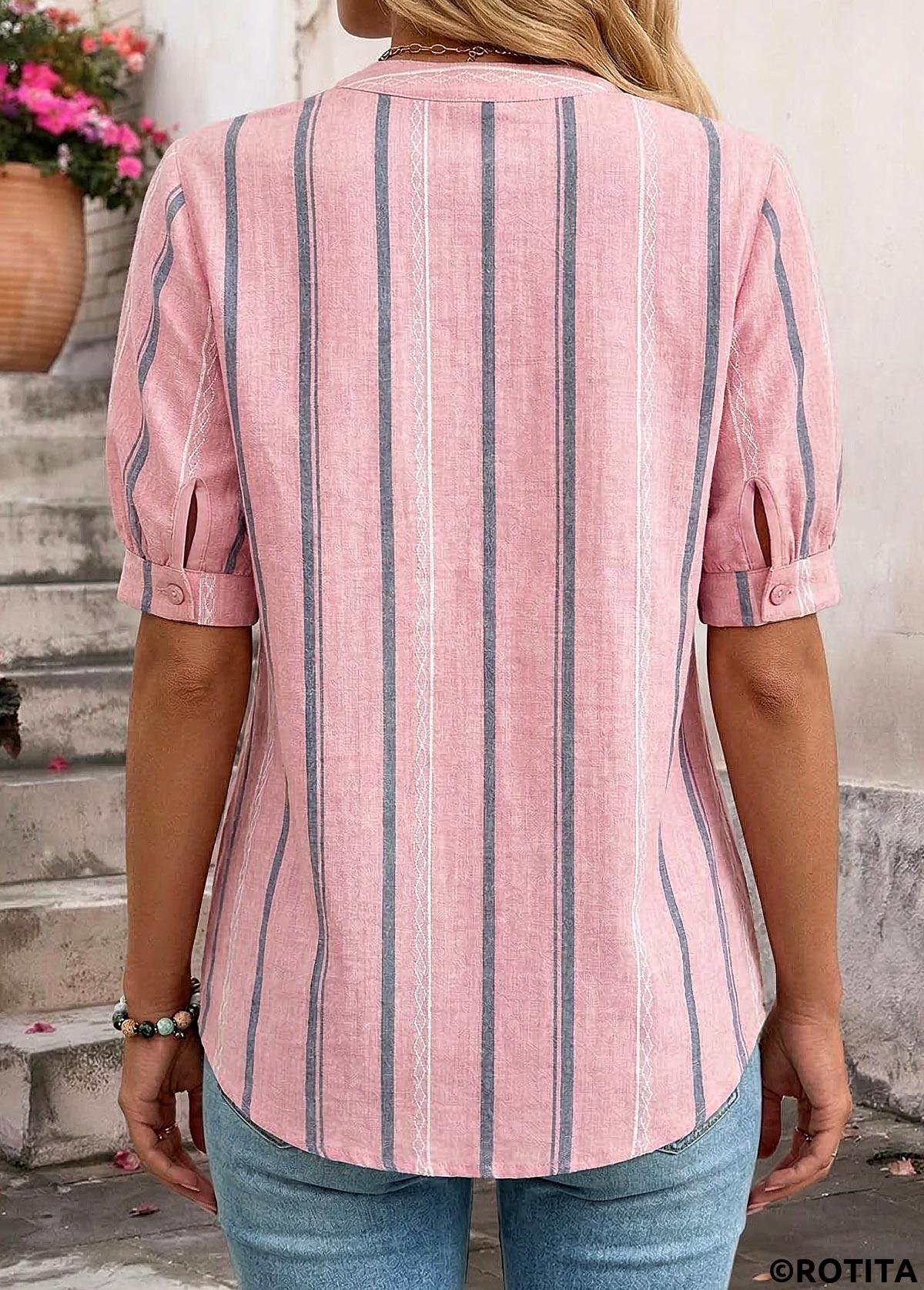 Pink tops,Striped tops,Geometric tops,ROTITA Patchwork Striped Pink Split Neck Short Sleeve Blouse