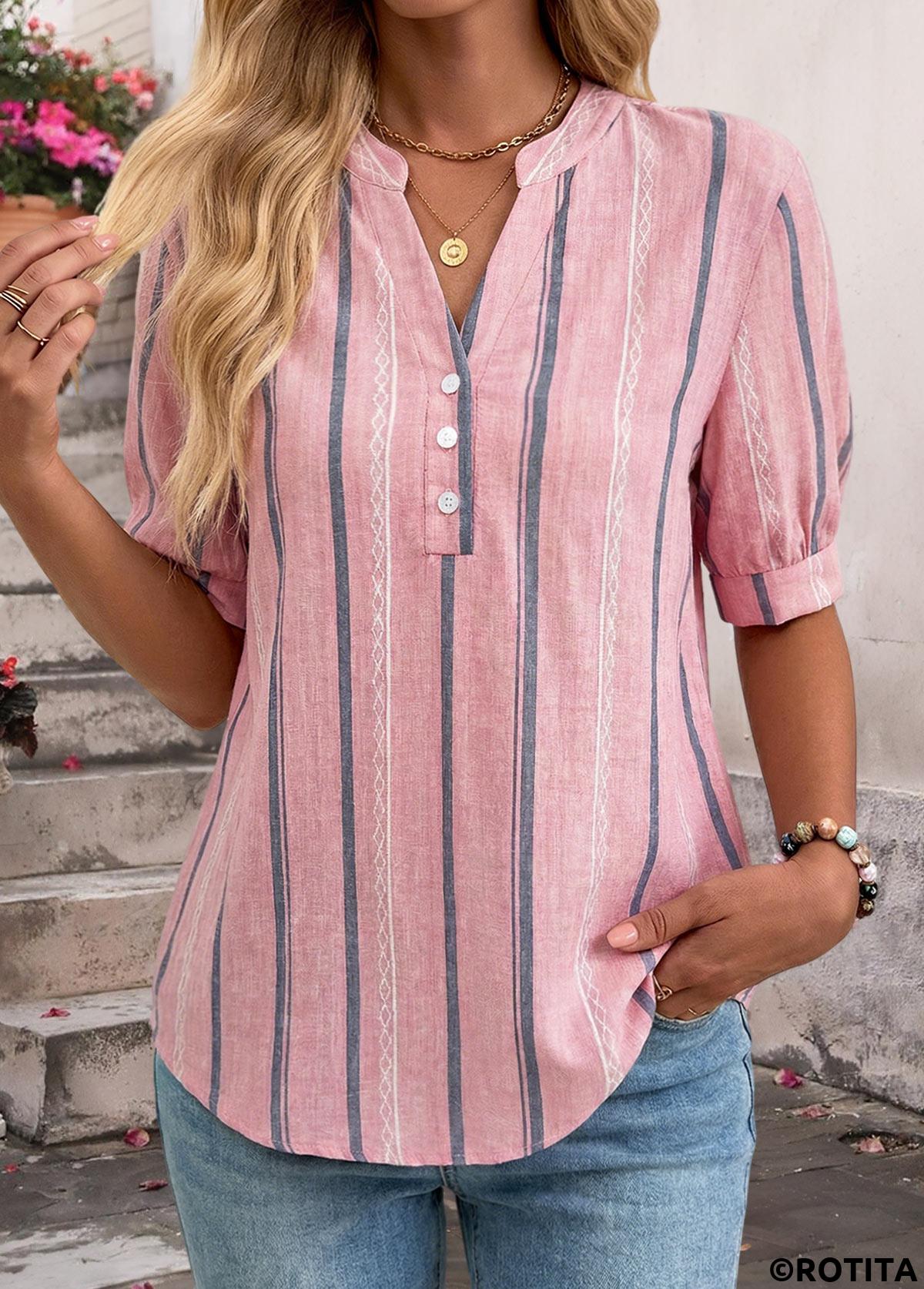 Pink tops,Striped tops,Geometric tops,ROTITA Patchwork Striped Pink Split Neck Short Sleeve Blouse