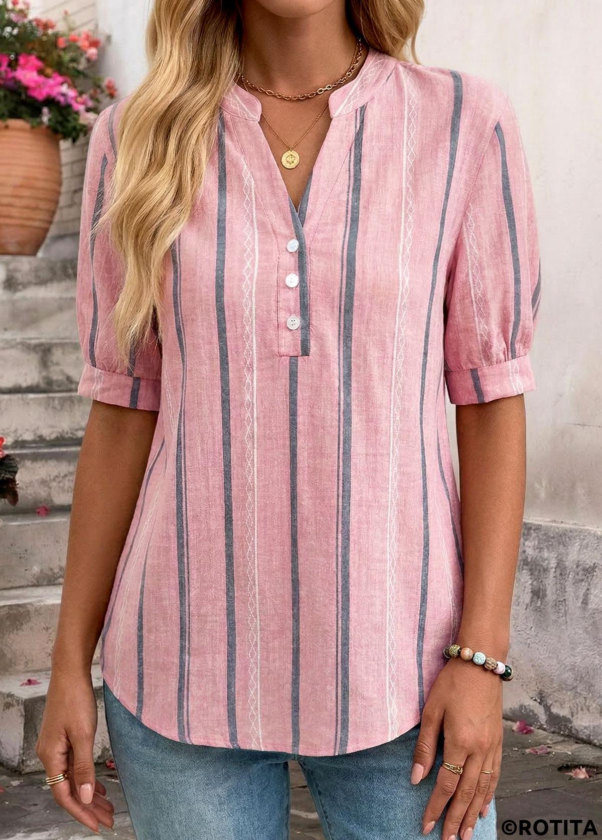 Pink tops,Striped tops,Geometric tops,ROTITA Patchwork Striped Pink Split Neck Short Sleeve Blouse