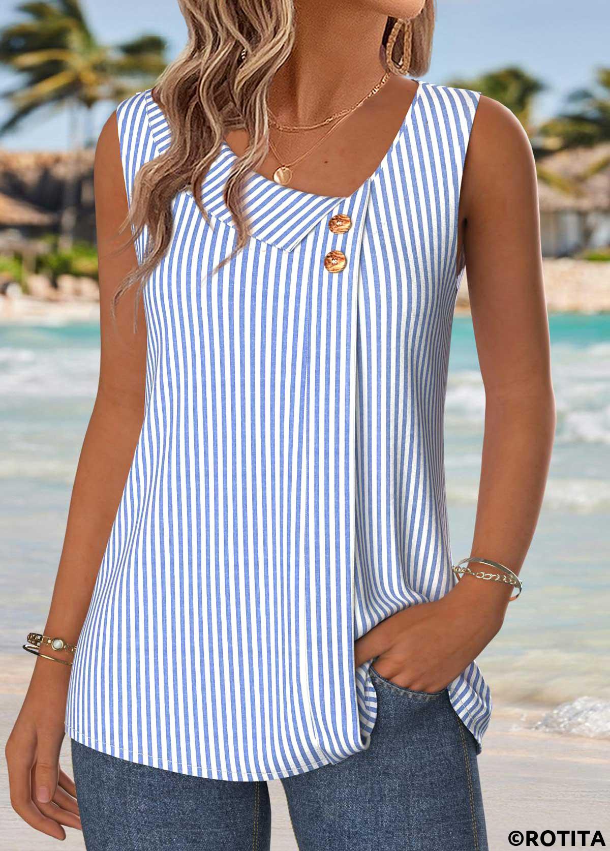 Blue tops,Striped tops,Geometric tops,ROTITA Patchwork Striped Blue Asymmetrical Neck Sleeveless Tank Top