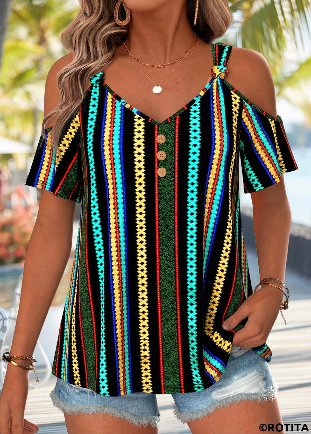 Multi Color tops,Geometric tops,ROTITA Twist Geometric Print Multi Color V Neck T Shirt